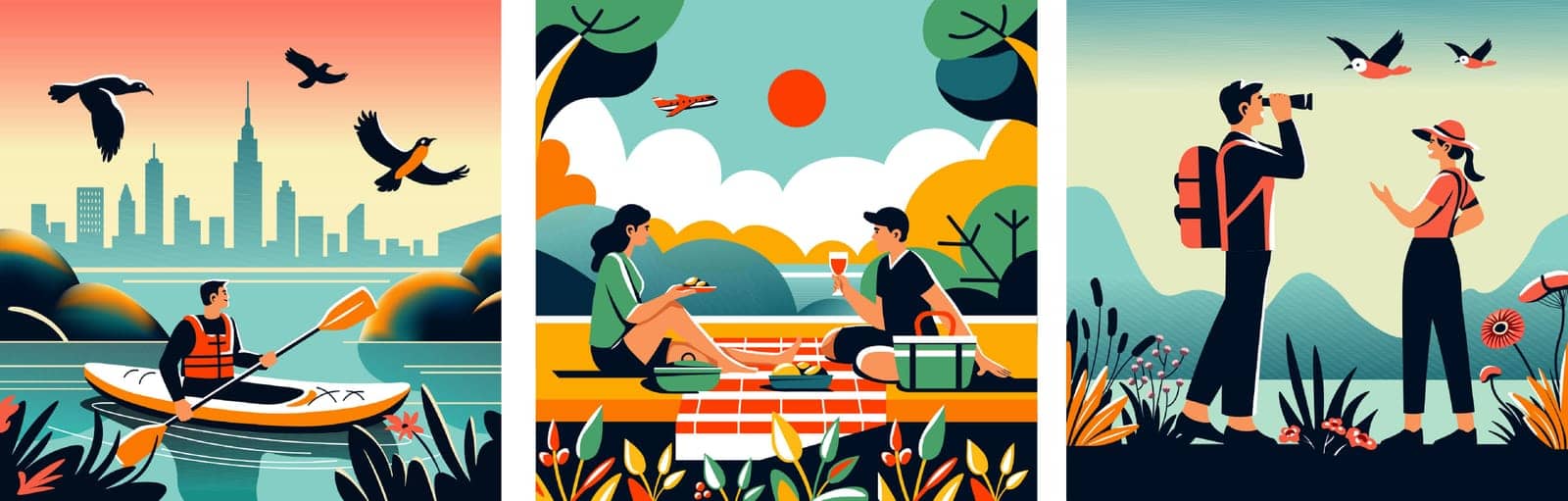 Couples enjoying a city picnic and birdwatching, vector illustration in flat design, reflecting leisure activities in an urban park.