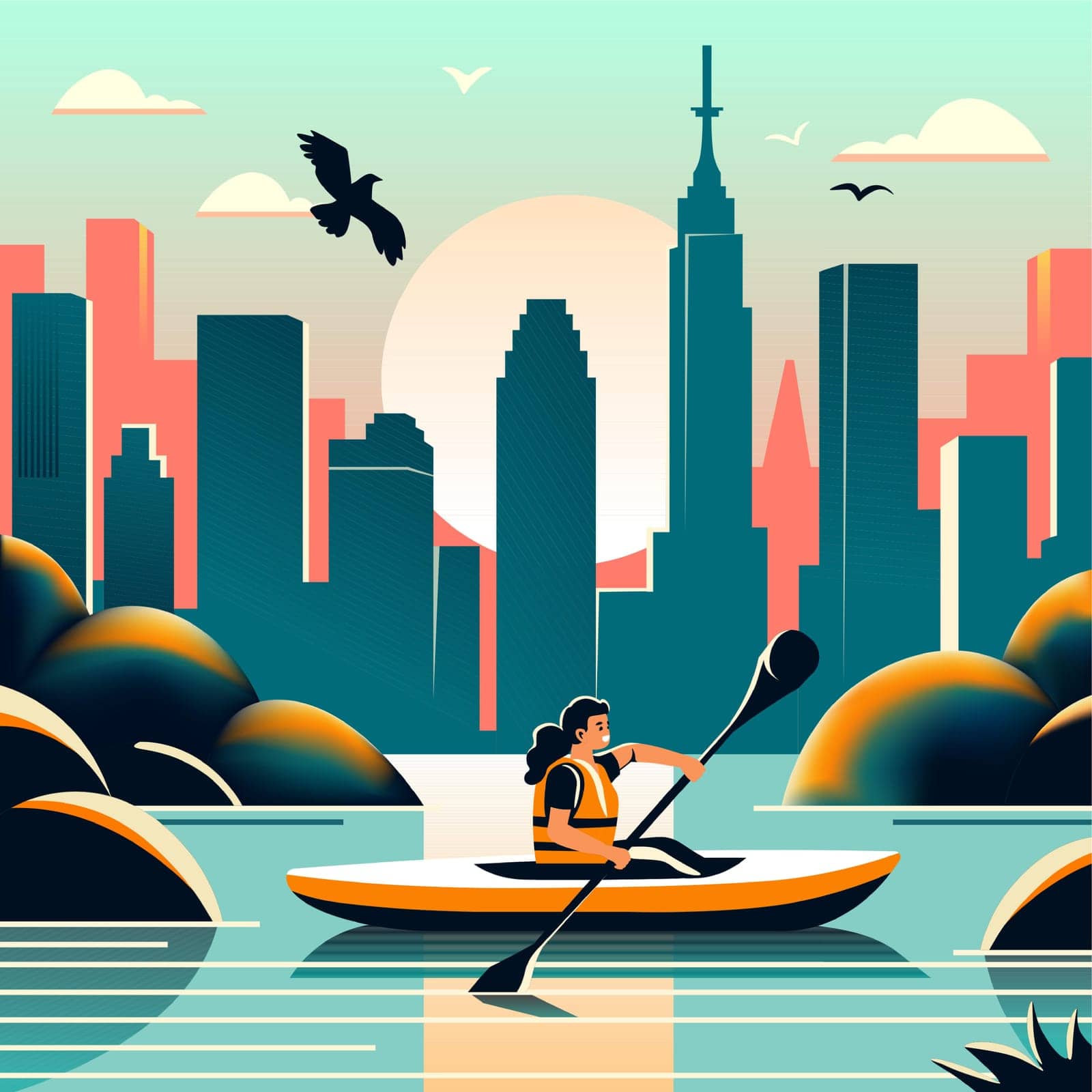 Solo kayaker enjoys cityscape at dawn, vector illustration, depicting a blend of outdoor activity and urban environment.