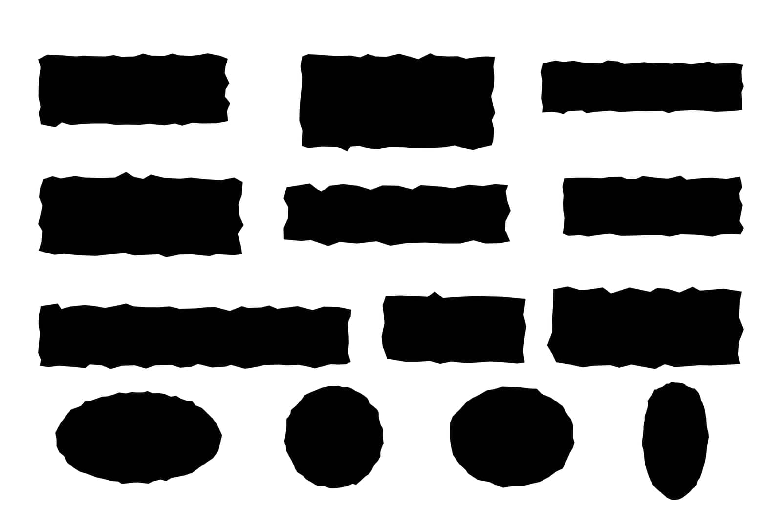 Vector black jagged paper rectangle and rounded shapes set isolated on white. Rough torn edge frames collection sticker piece, shred strip, grunge border, text box shapes.
