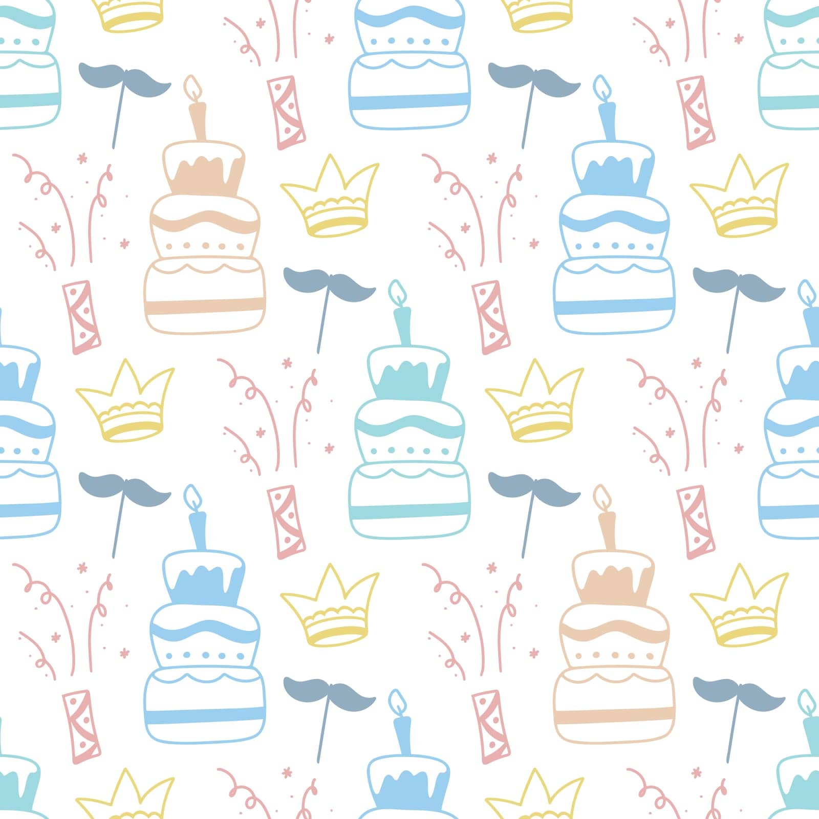 Birthday doodle seamless pattern. Festive party scribble elements background. Sheet for textile, wrapping paper, wallpaper and design, vector graphics