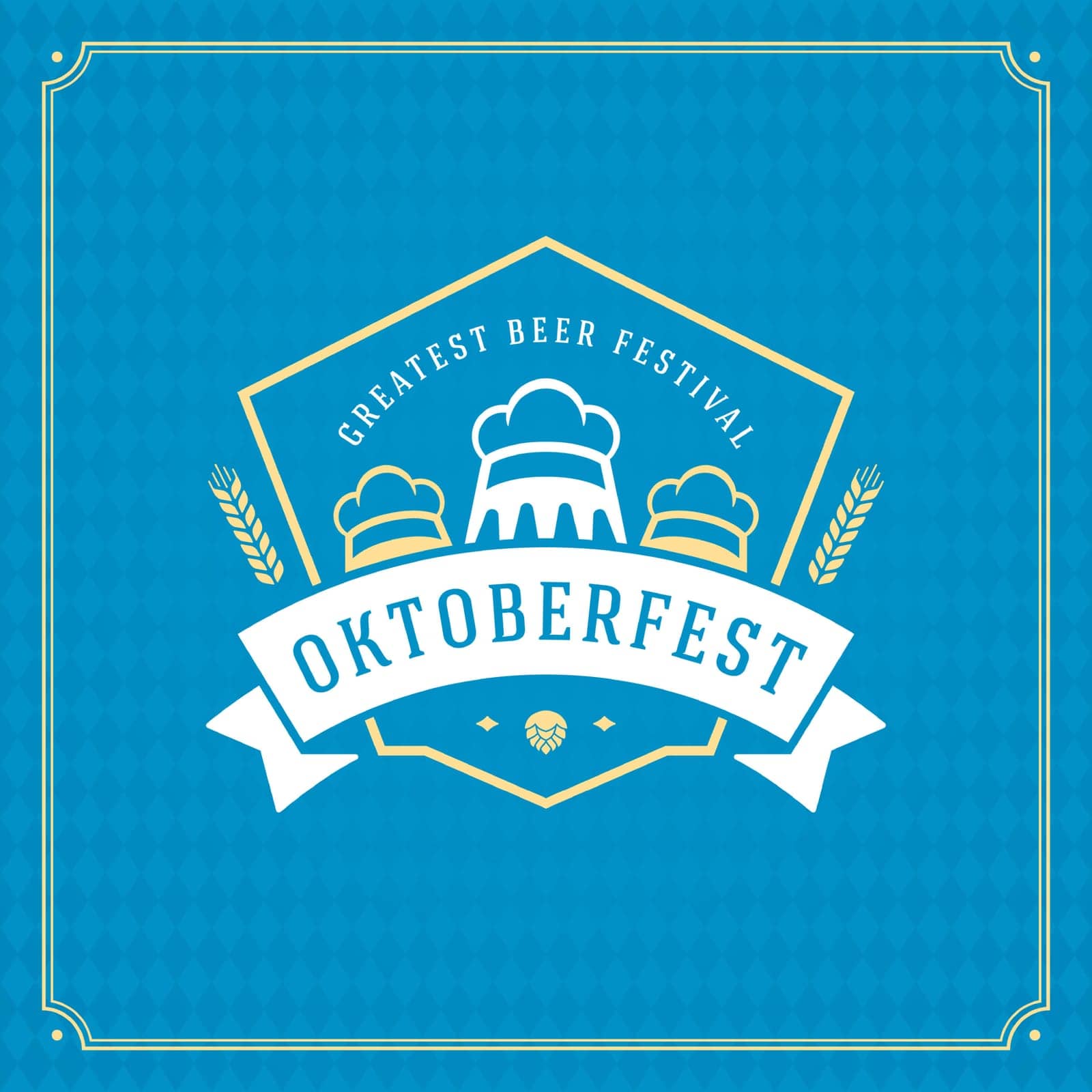 Oktoberfest beer festival celebration vintage greeting card or poster and blue checkered background vector illustration.