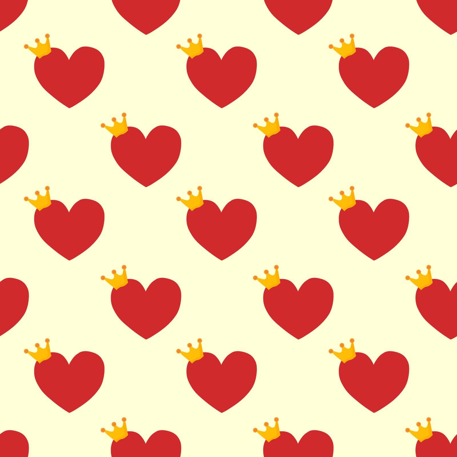 Repeated Red Hearts with crowns drawn by hand. Cute seamless pattern for girls. Sketch, doodle, scribble. Endless girlish print. Girly flat vector illustration.