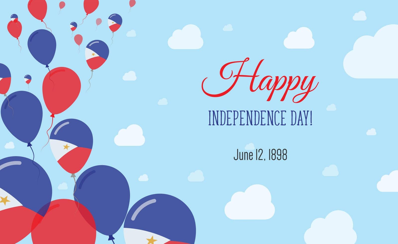 Philippines Independence Day Sparkling Patriotic Poster. Row of Balloons in Colors of the Filipino Flag. Greeting Card with National Flags, Blue Skyes and Clouds.