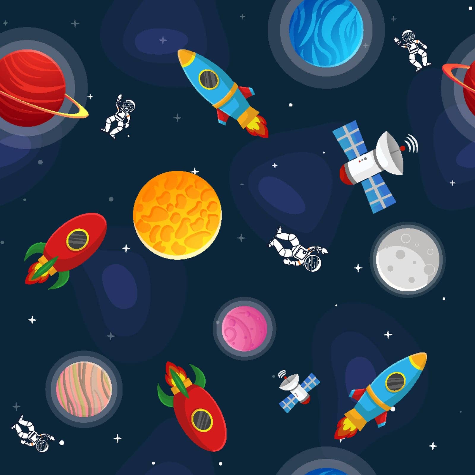 Space cartoon seamless pattern. Cute design for kids fabric and wrapping paper. Planets and stars in the open space. Childish galaxy scene. Space cartoon vector illustration.