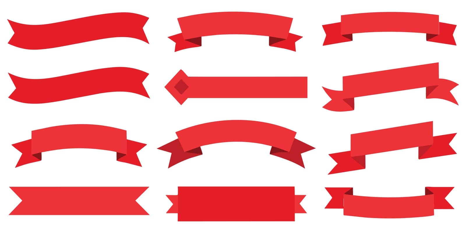 Wonderful lovely ribbon, banner or tag vector art set. Flat red color. Vector illustration