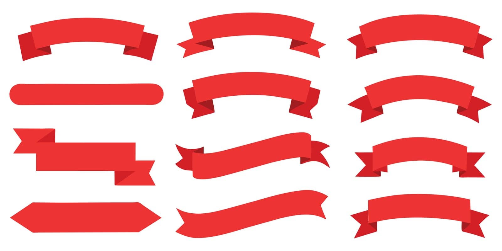 Super lovely ribbon, banner or tag vector logo art set. Flat red color. Vector illustration