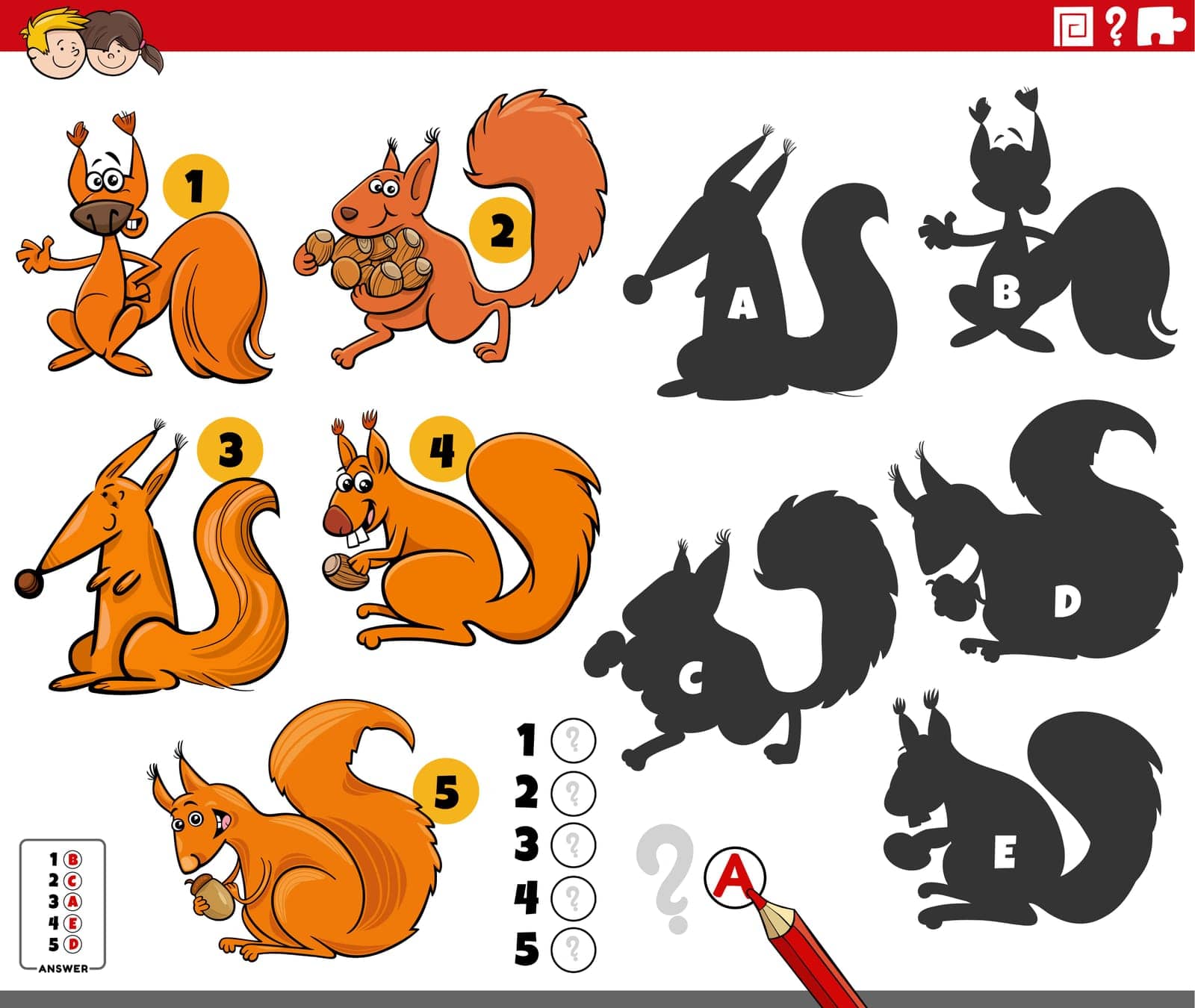 Cartoon illustration of finding the right shadows to the pictures educational game with squirrels animal characters