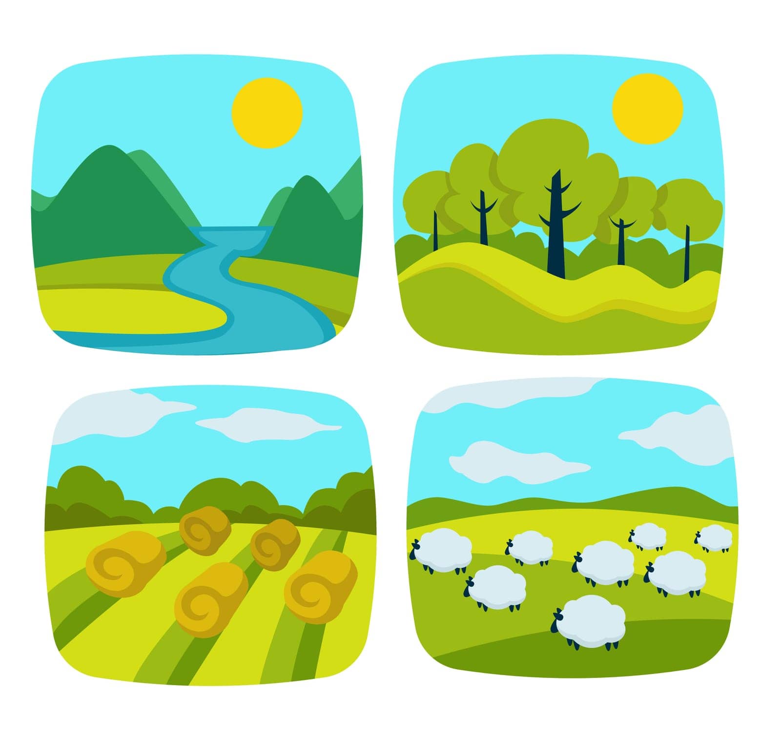 A collection of vector landscape scenes, showcasing tranquil nature for peaceful design use.