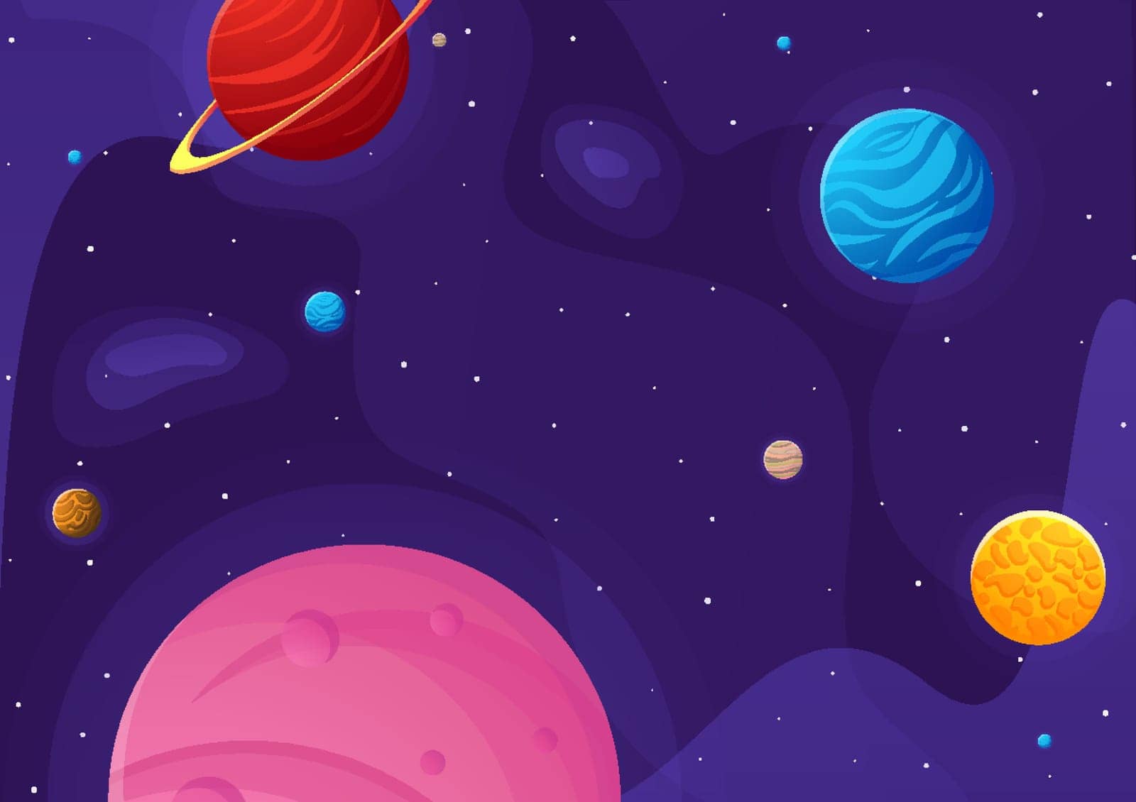Space cartoon background. Cute design for landing page, banner or wallpaper. Planets and stars in the open space. Childish galaxy scene. Space cartoon vector illustration.