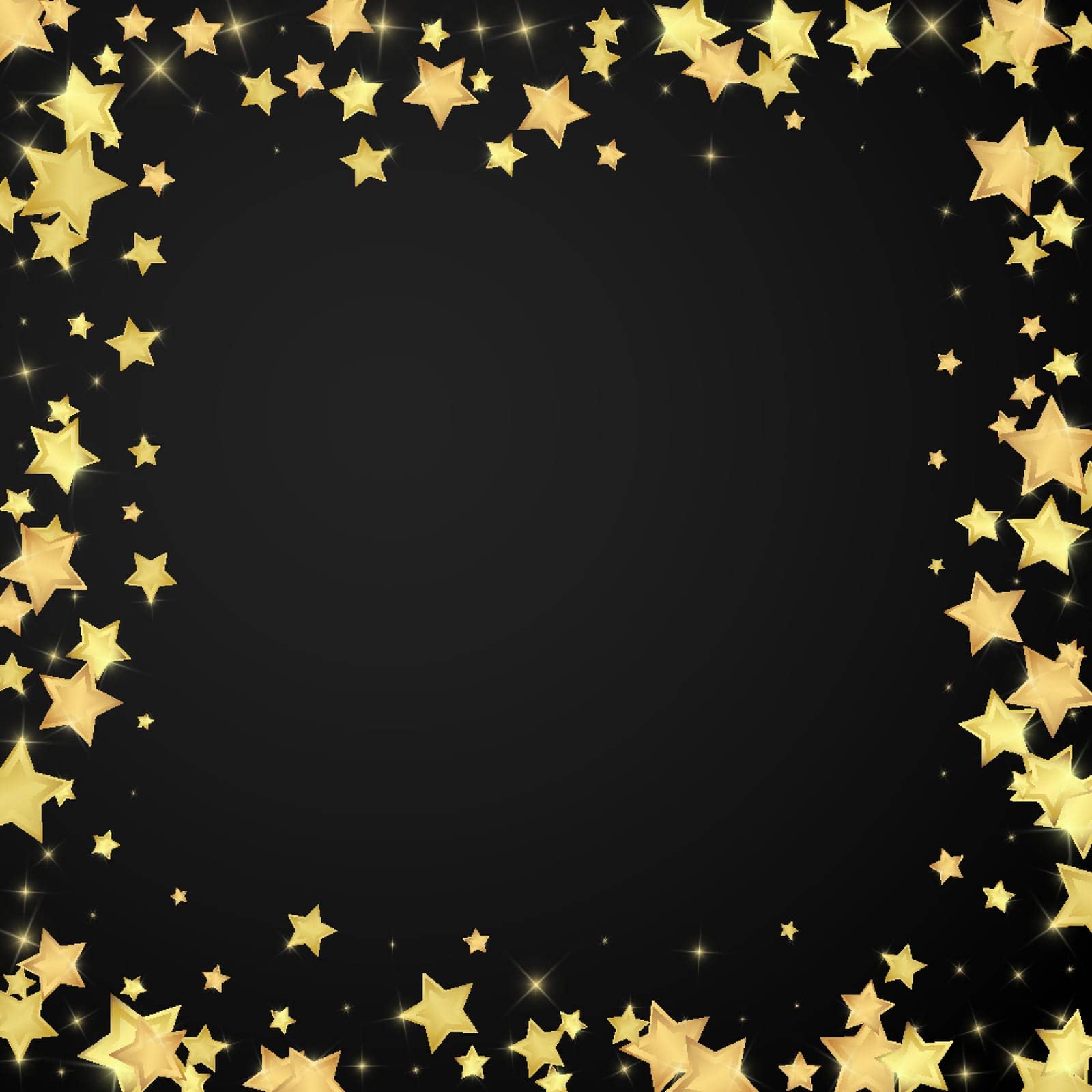 Magic stars vector overlay. Gold stars scattered around randomly, falling down, floating. Chaotic dreamy childish overlay template. Vector fairytale on black background.