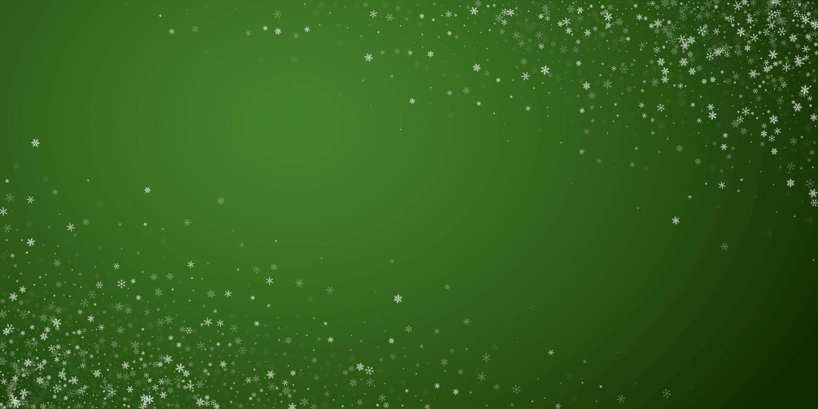 Magic falling snow christmas background. Subtle flying snow flakes and stars on christmas green background. Magic falling snow holiday scenery. Wide vector illustration.
