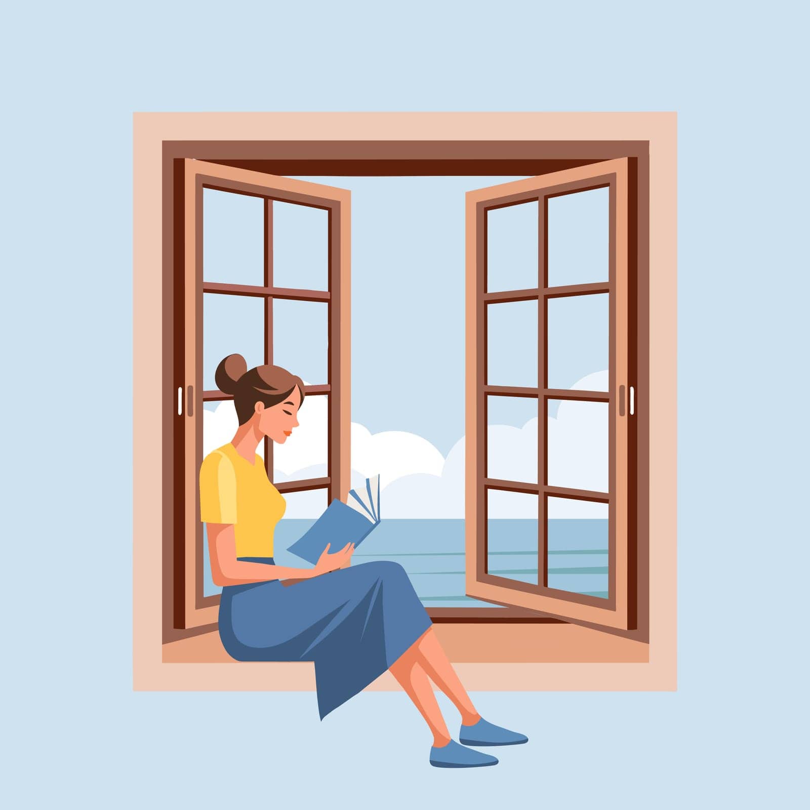 A cute woman is reading a book while sitting near an open window with a landscape. Illustration for a bookstore. by VS1959