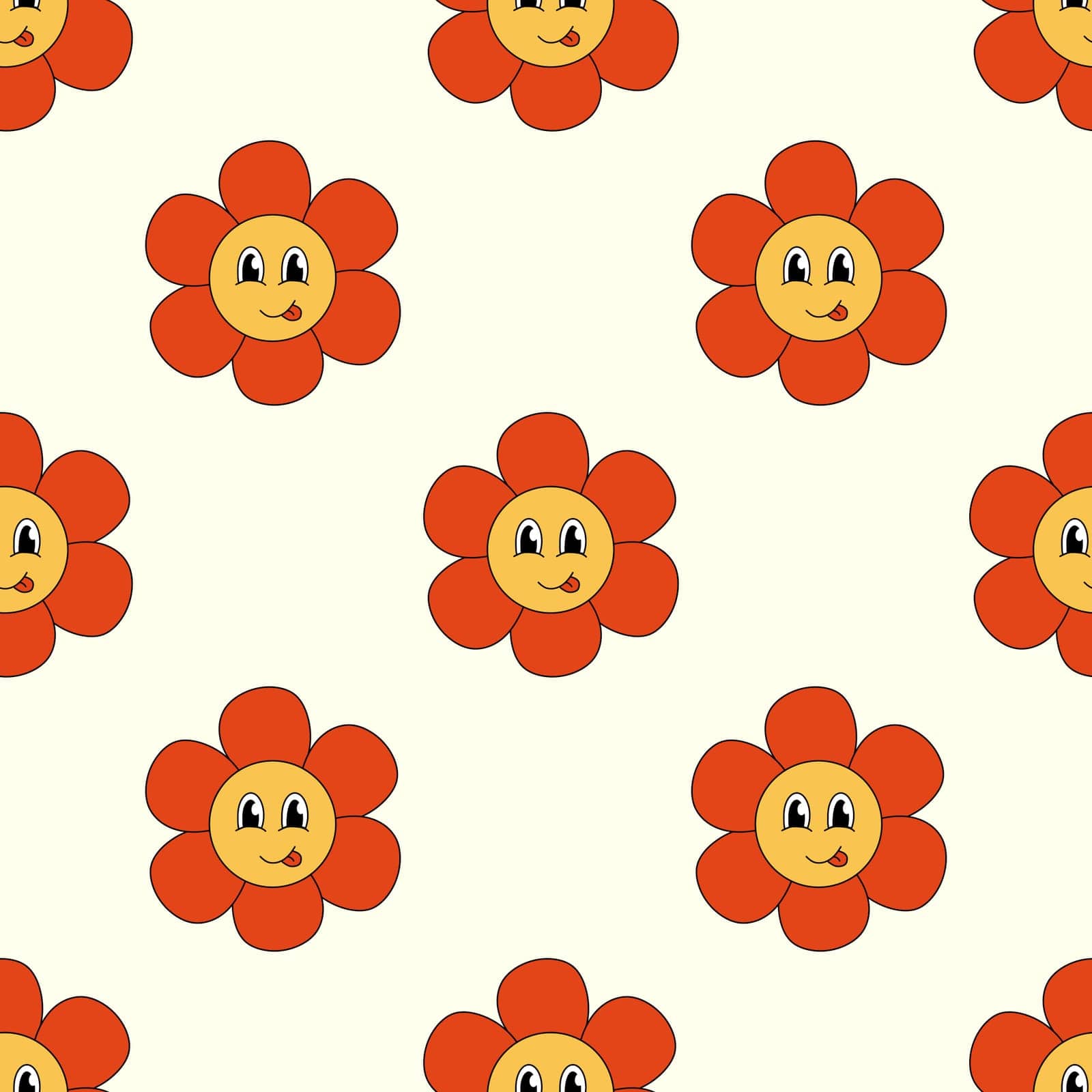 Retro Seamless Pattern 70s 60s 80s Hippie Groovy cute Red Flower show tongue. Smiling face. Flower power. Vector flat illustration. by Novikova