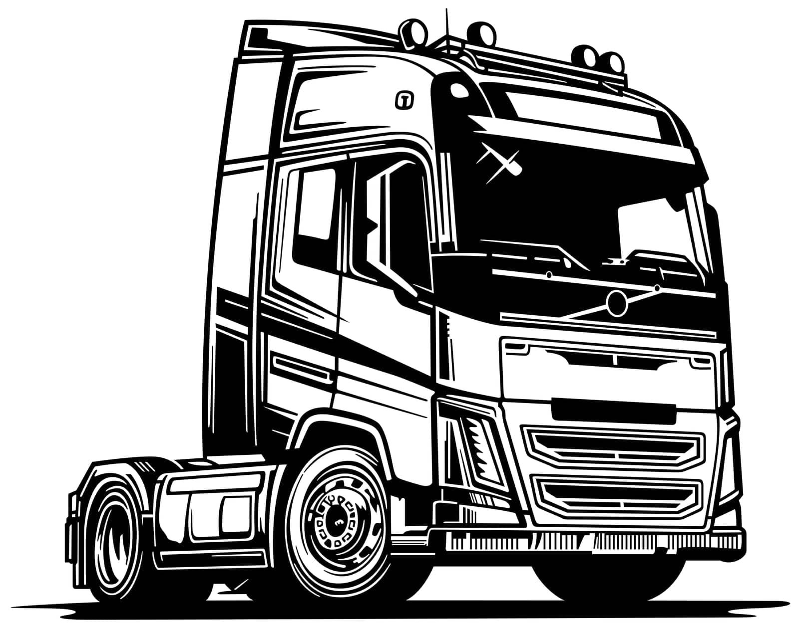 Drawing of Scandinavian Truck - Black Illustration Isolated on White Background, Vector
