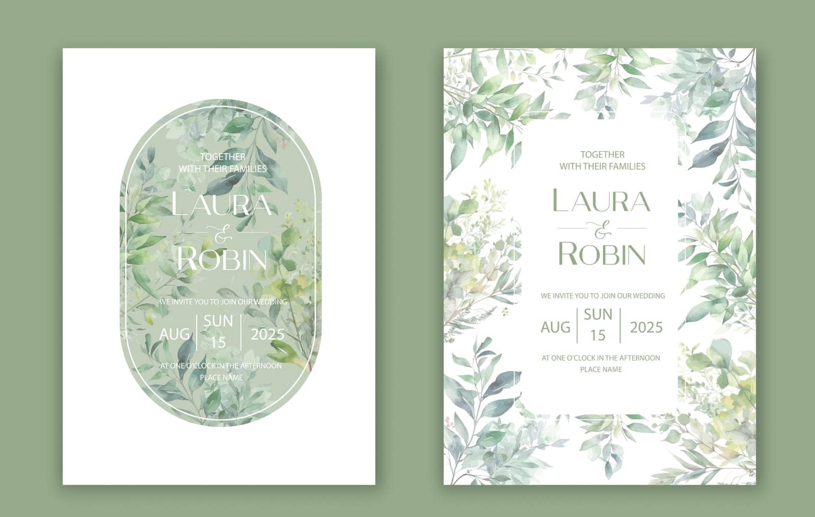 Green watercolor botanical leaves Wedding Invitation Card Design, Colorful Spring Floral Invitation Card