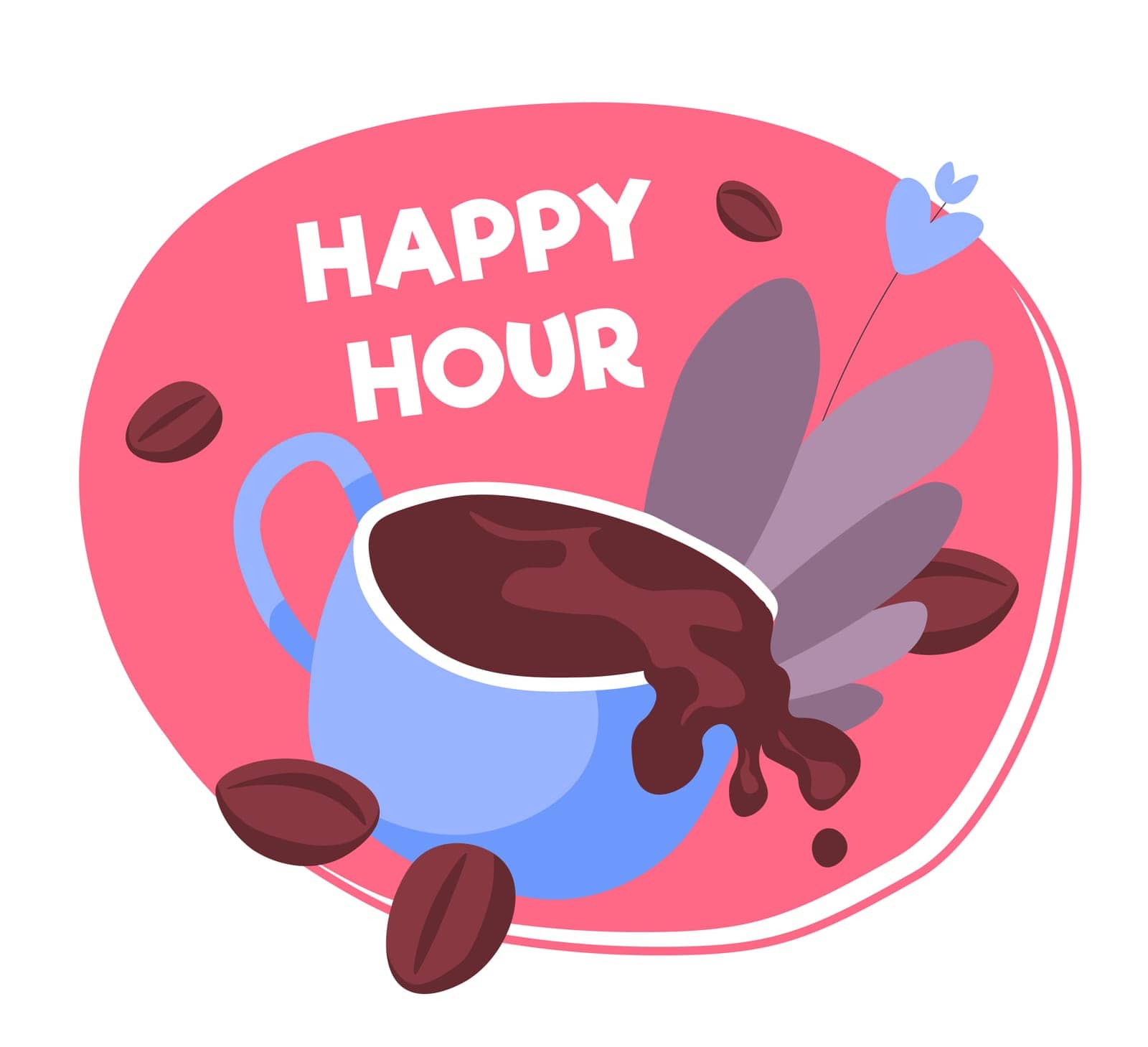 Coffee house happy hours, isolated badge or banner with cup of aromatic beverage and beans. Cafe or restaurant delicious drinks in menu. Americano or espresso in small mug. Vector in flat style