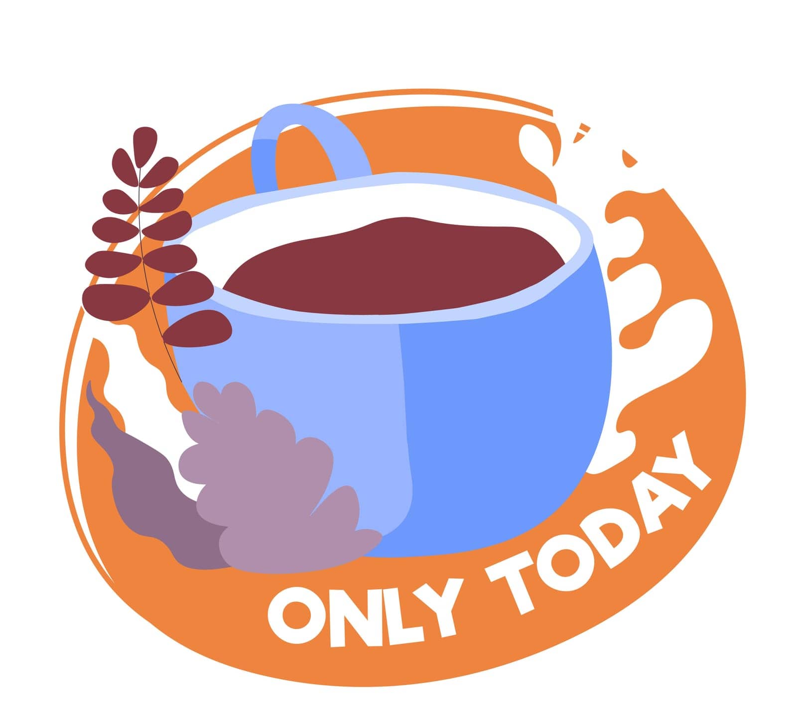 Coffee shop or cafe only today grand sale and discounts on tasty beverages. Isolated cup of drink, breakfast in restaurant or cafe. Americano with leaves on banner with ads. Vector in flat style