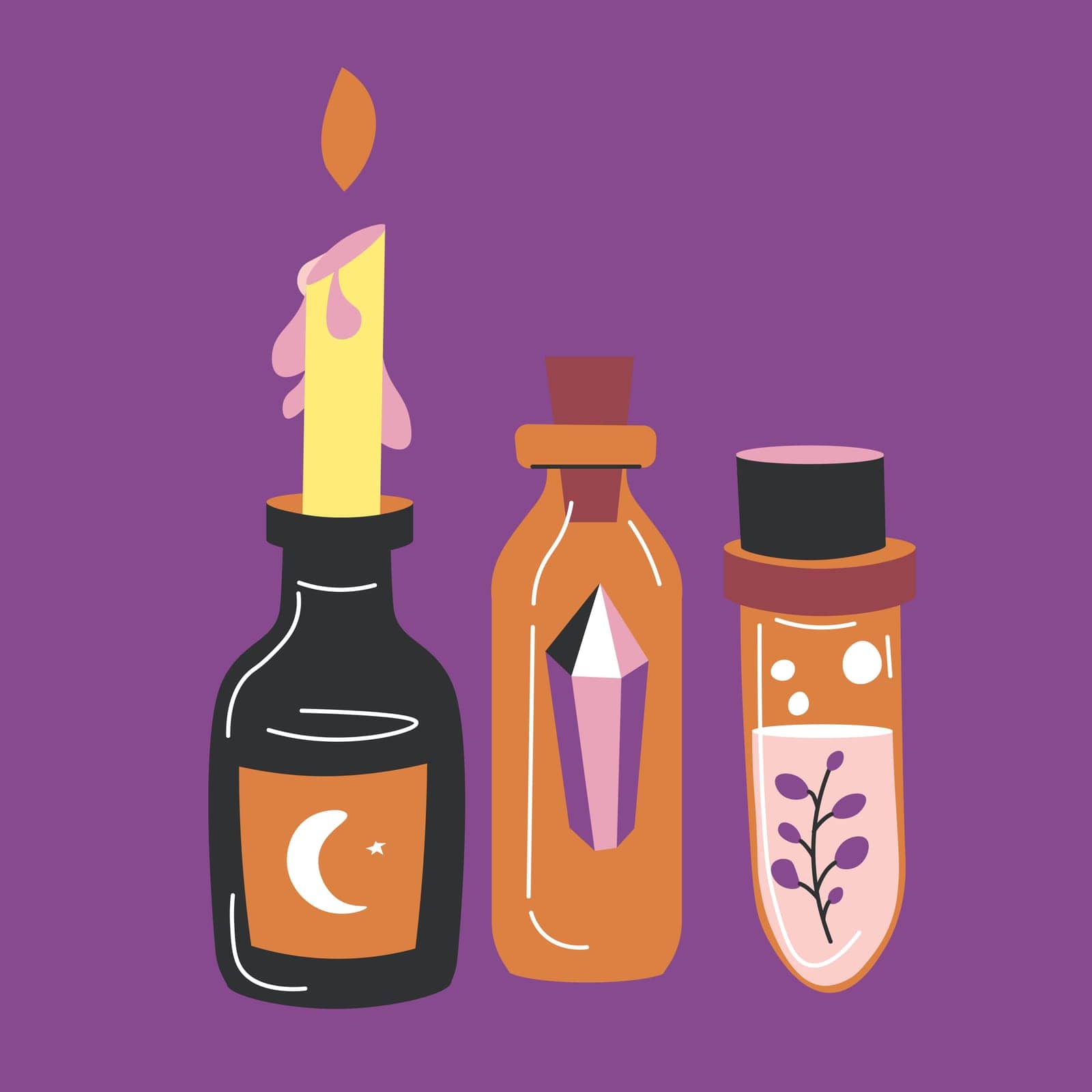 Witchcraft and magic spells, magic ingredients in vials. Isolated candle with moon sign, bottle with amethyst gemstone, bottle with elixir and herb leaf inside. Spiritual ritual. Vector in flat style