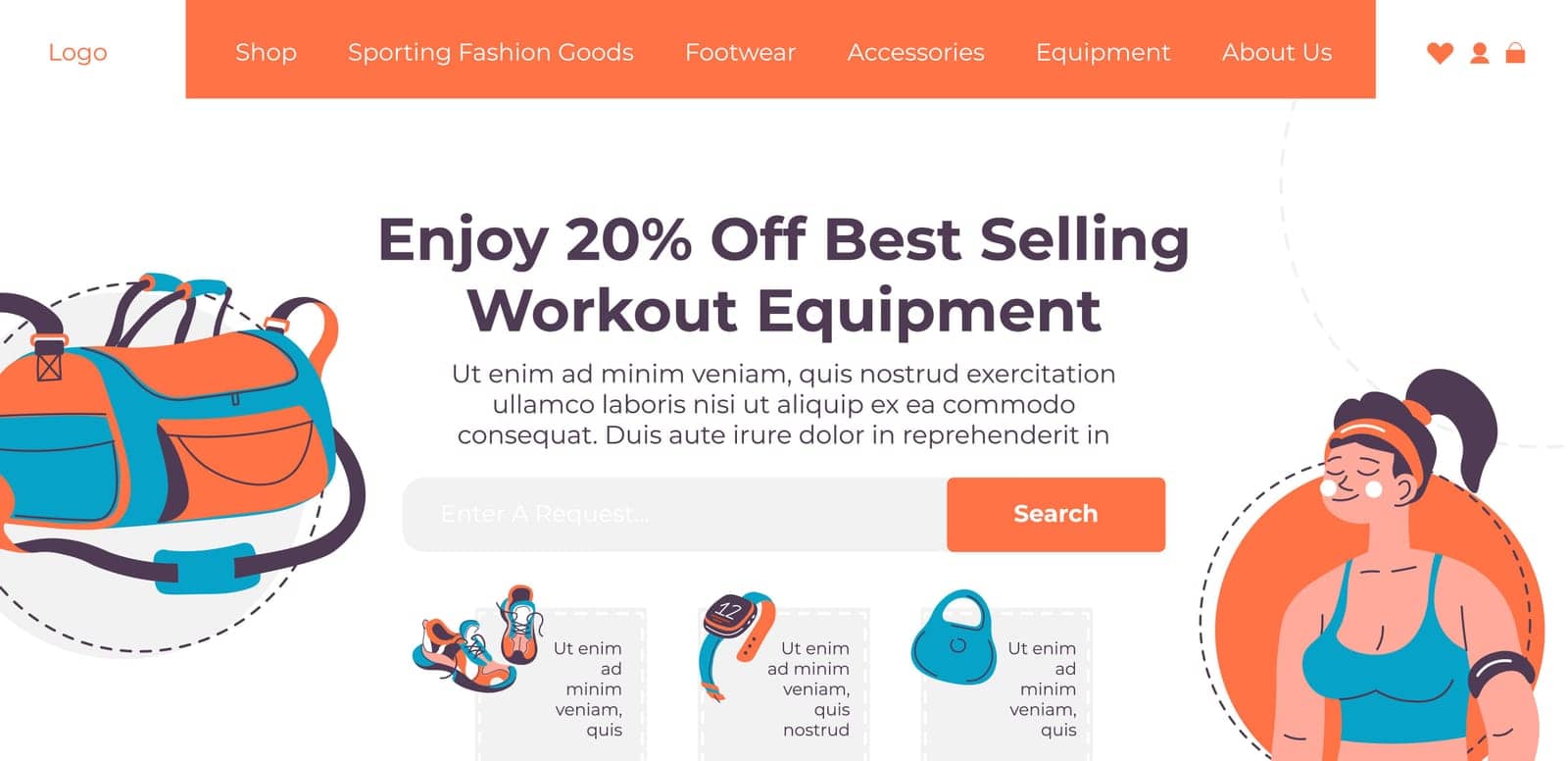 Enjoy twenty percent on best selling workout equipment. Exercising and training, outfit and devices. Bodybuilding and wellness. Website landing page template, online landing site. Vector in flat