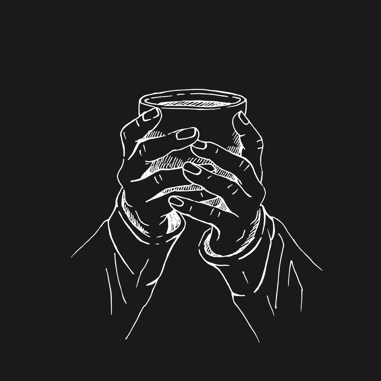 Hand drawn sketch of hands holding a cup of coffee, tea etc. Vector illustration isolated on black background. 