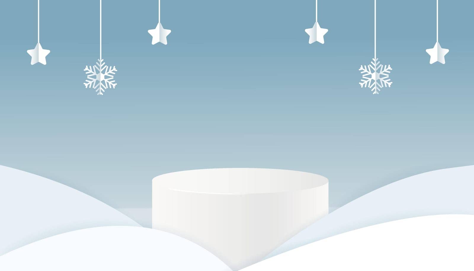 Christmas Winter landscape with snow drifts and product podium scene. Paper cut snow background. Vector
