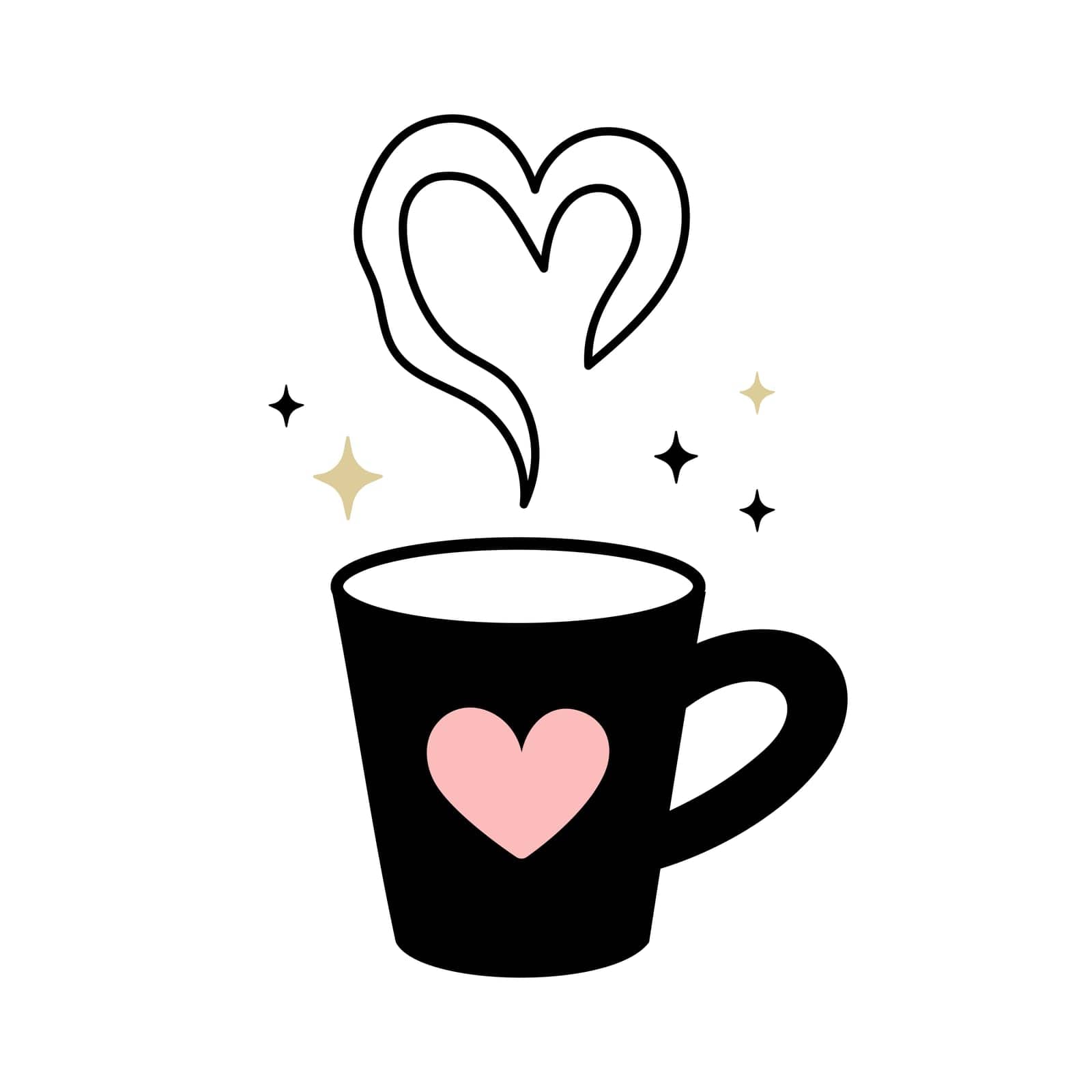 Mug of tea with heart shaped water vapor. Cozy postcard. Romantic Teacup illustration. Cartoon illustration, flat design by KateArtery19
