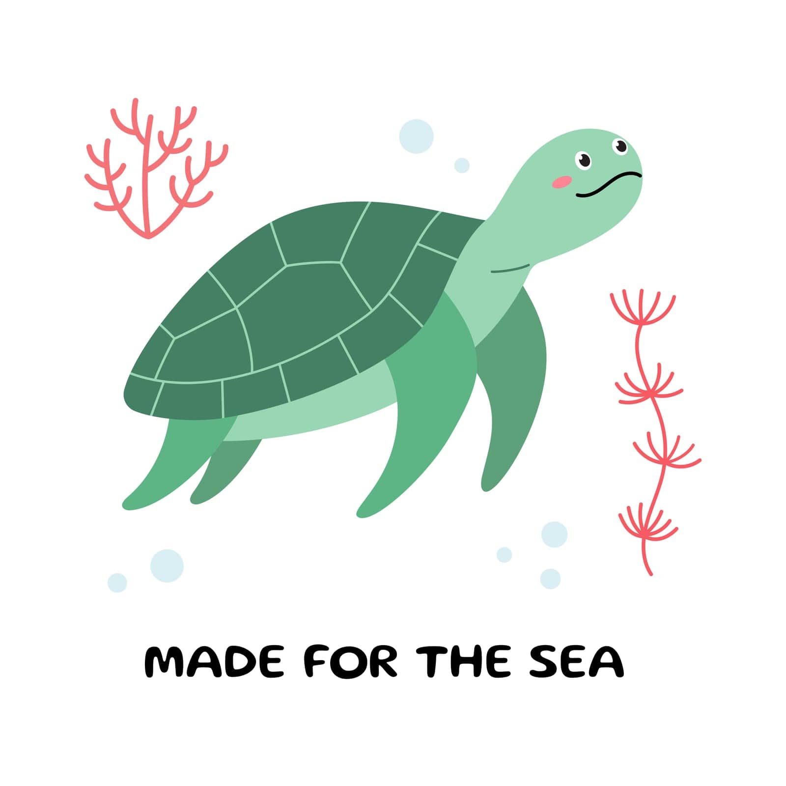 Cute cartoon turtle. Postcard with Sea turtle. Vector illustration of a sea turtle. Kids illustration in cartoon style by KateArtery19