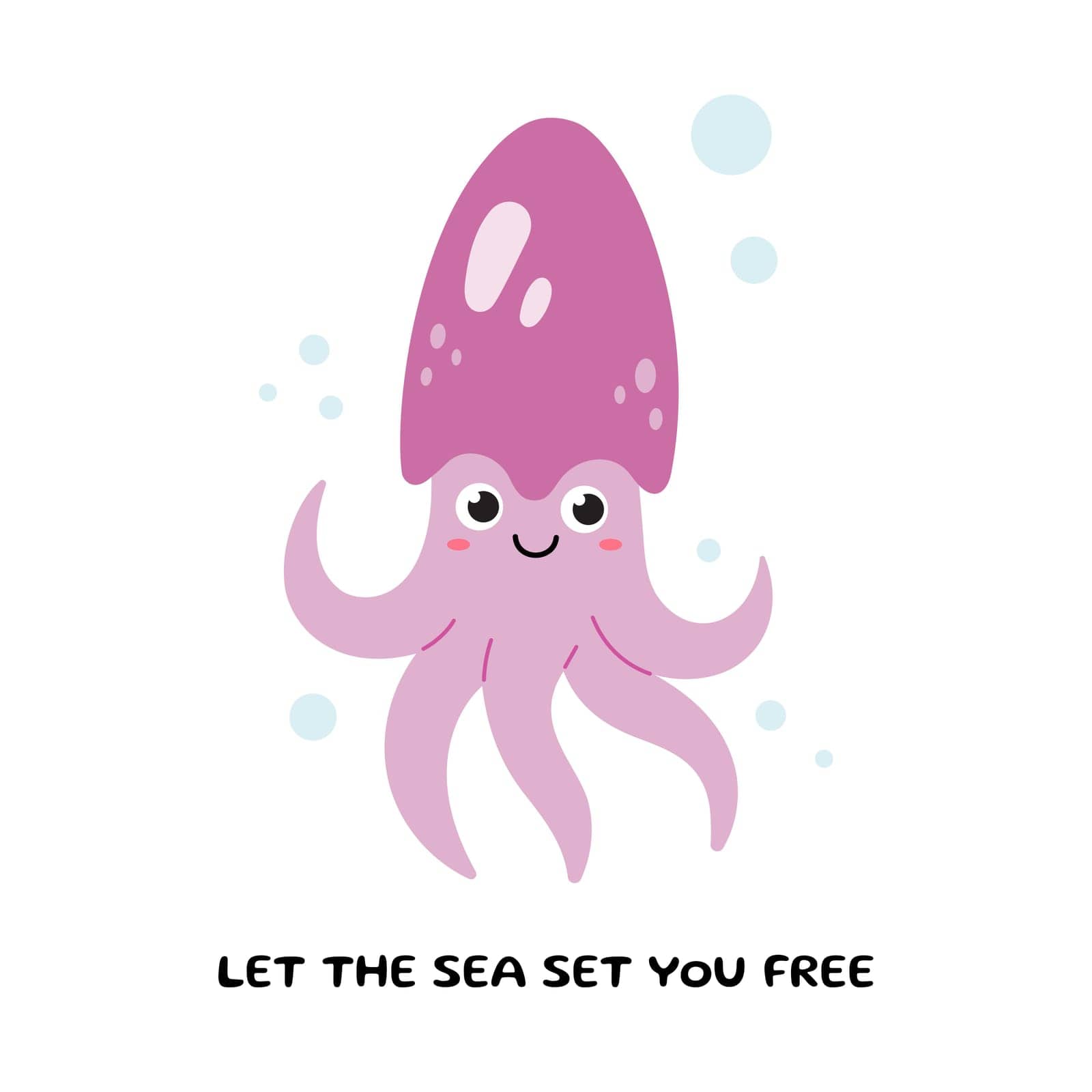 Cute cartoon octopus. Postcard with devilfish. Vector illustration of a poulpe. Kids illustration in cartoon style by KateArtery19