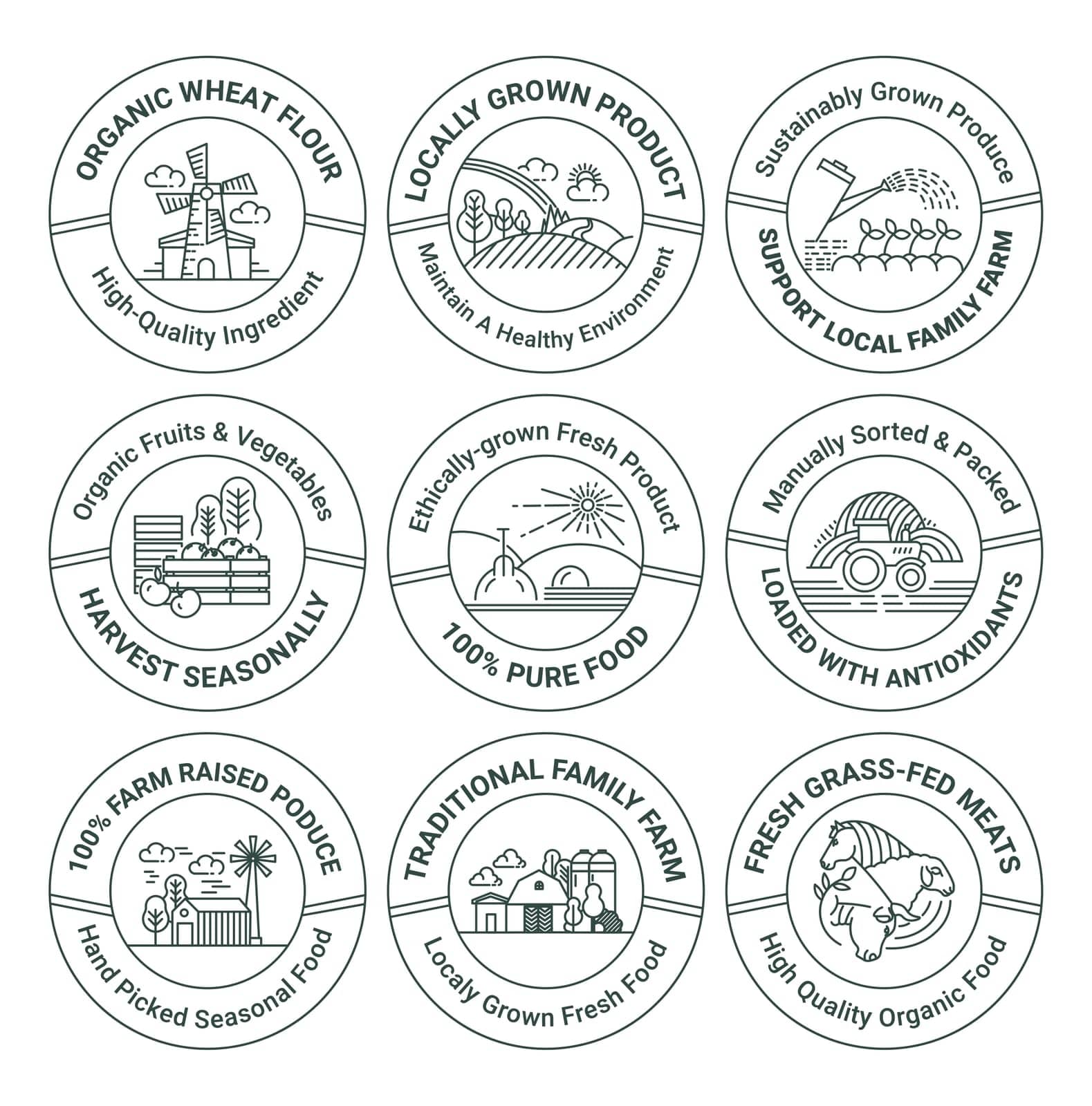 Sticker tag set for organic locally grown product. Label design collection for family farm produce, vector illustration. Harvest seasonally food, fresh meat quality at template emblem