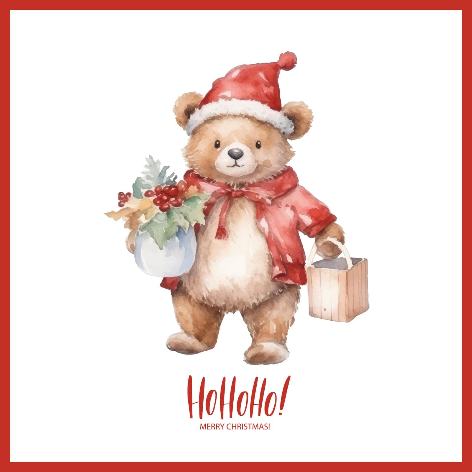 Cute watercolor christmas plush teddy bear with gift boxes. HOHOHO Merry Christmas calligraphy card. Template for New Year Card, Scrapbooking, Sticker, Planner, Invitation