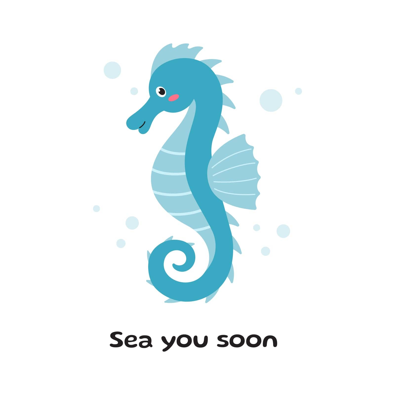 Cute cartoon sea Horse. Postcard with hippocampus character. Vector illustration. Kids illustration in cartoon style by KateArtery19