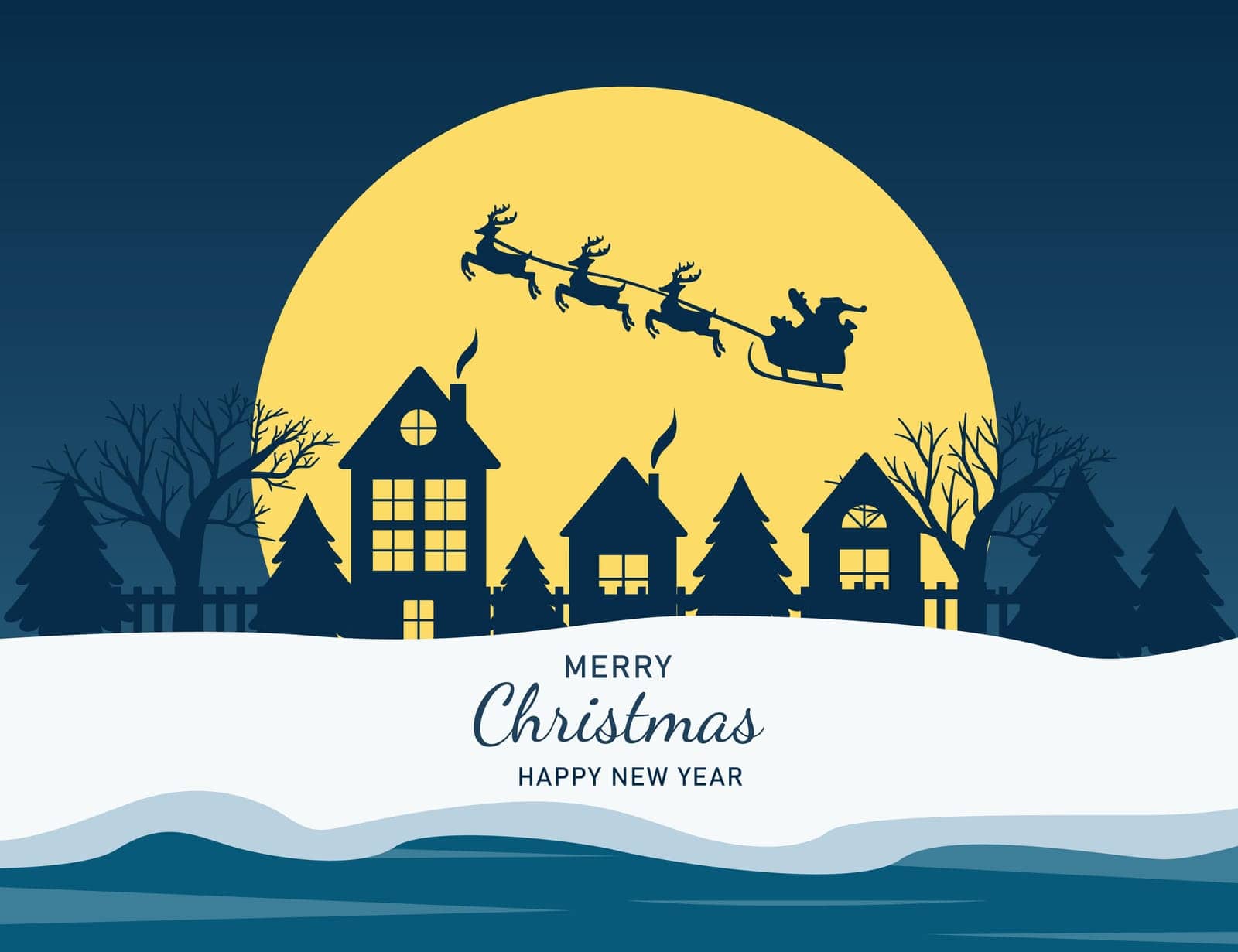 Winter village in paper cut style with yellow moon and sleigh. Merry christmas and a happy new year. Christmas background, greeting card. Vector by Vovmar