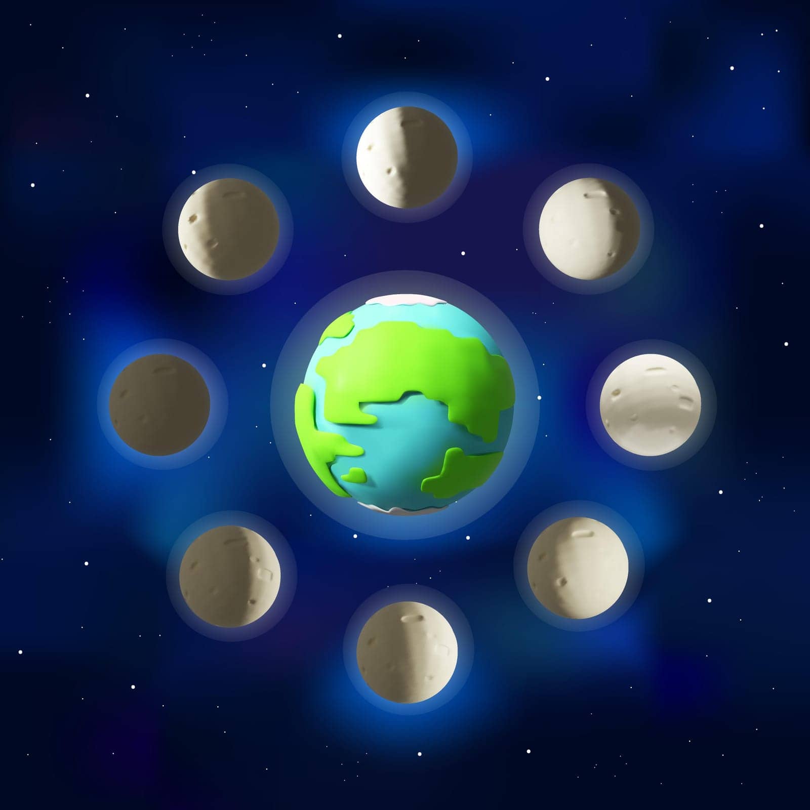3D render lunar phases. Shape of Moon depends on the Moon's position in orbit around the Earth and sun. Realistic vector illustration in clay style. Full moon, crescent, new moon, space cycle
