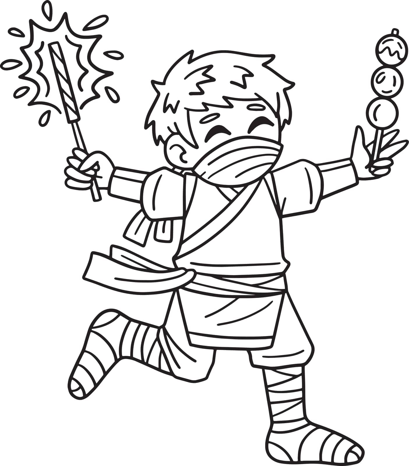 A cute and funny coloring page of a Ninja with Sparklers and Dango. Provides hours of coloring fun for children. Color, this page is very easy. Suitable for little kids and toddlers.