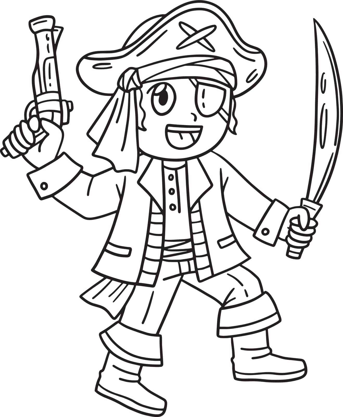 Pirate with Gun and Cutlass Isolated Coloring Page by abbydesign