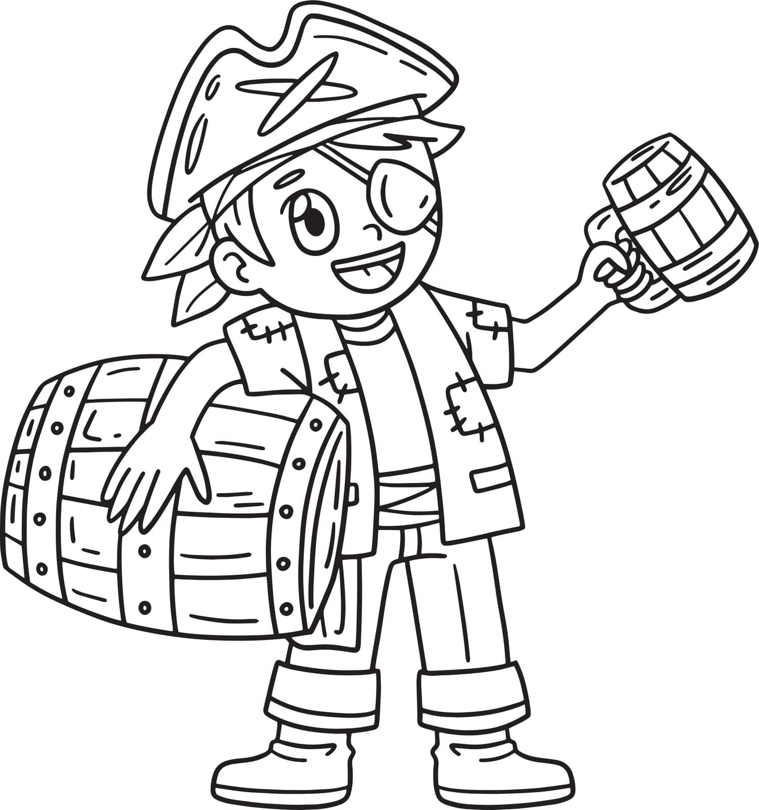 A cute and funny coloring page of a Pirate with Barrel of Rum. Provides hours of coloring fun for children. Color, this page is very easy. Suitable for little kids and toddlers.