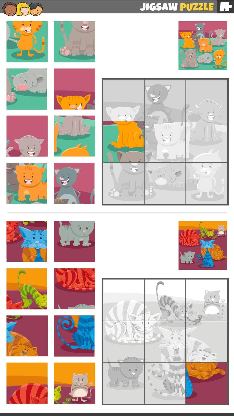 Cartoon illustration of educational jigsaw puzzle games set with wild cats animal characters