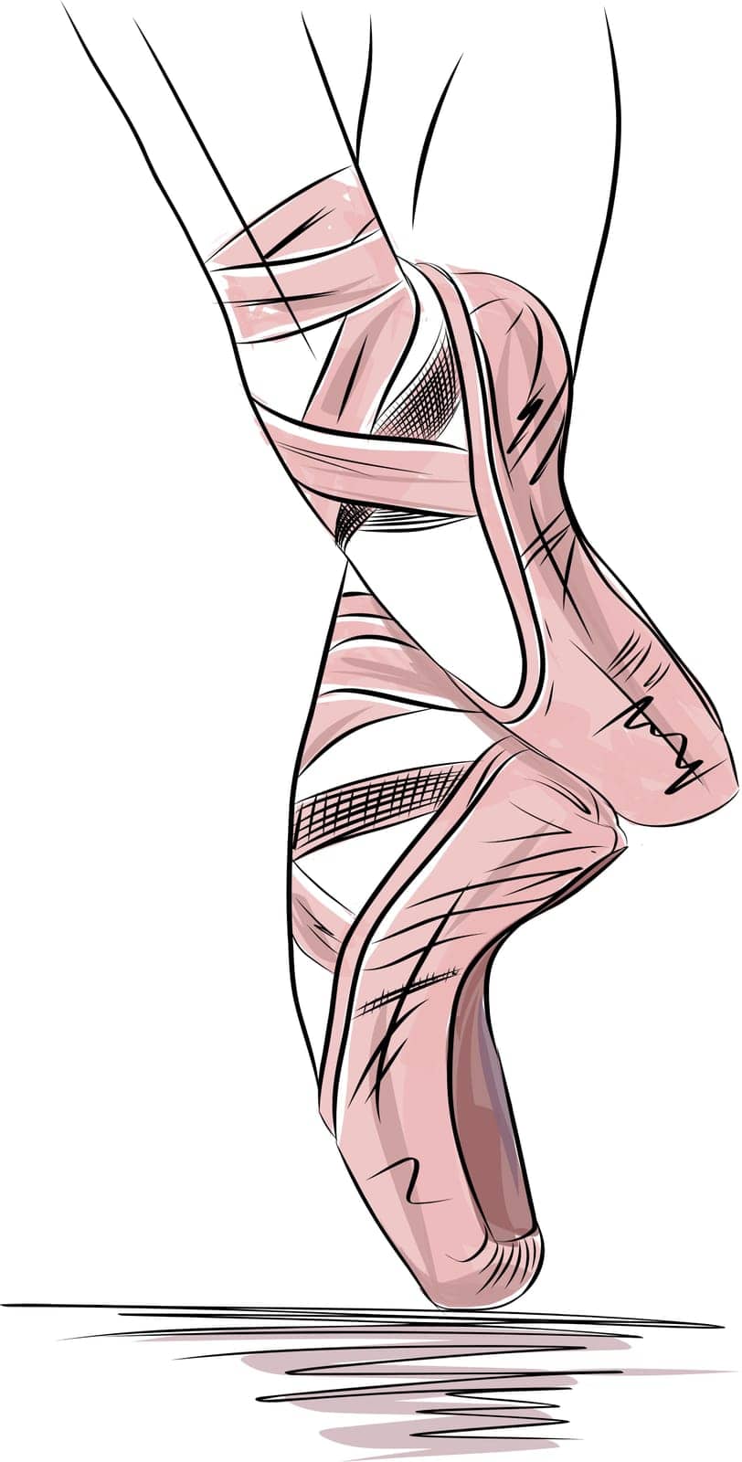 Hand drawn sketch of Ballerina pointe shoes, Feet in shoes of ballet class. Ballerina in pointe in a pose on one leg, graphic sketch illustration