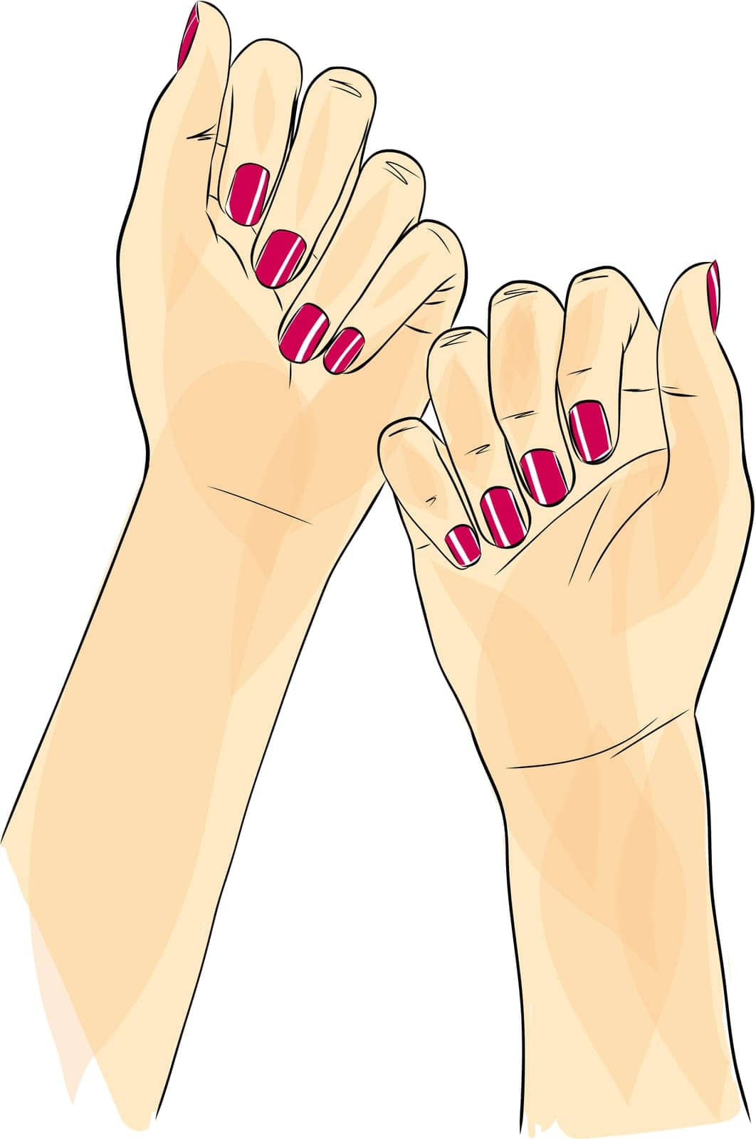 Beautiful woman hand with long red nails manicure, nail polish salon, vector sketch illustration.
