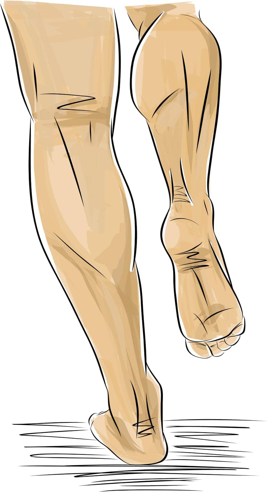 lower part of body running, barefoot marathon triathlete runner running otherwise known as natural running without footwear, sketch illustration
