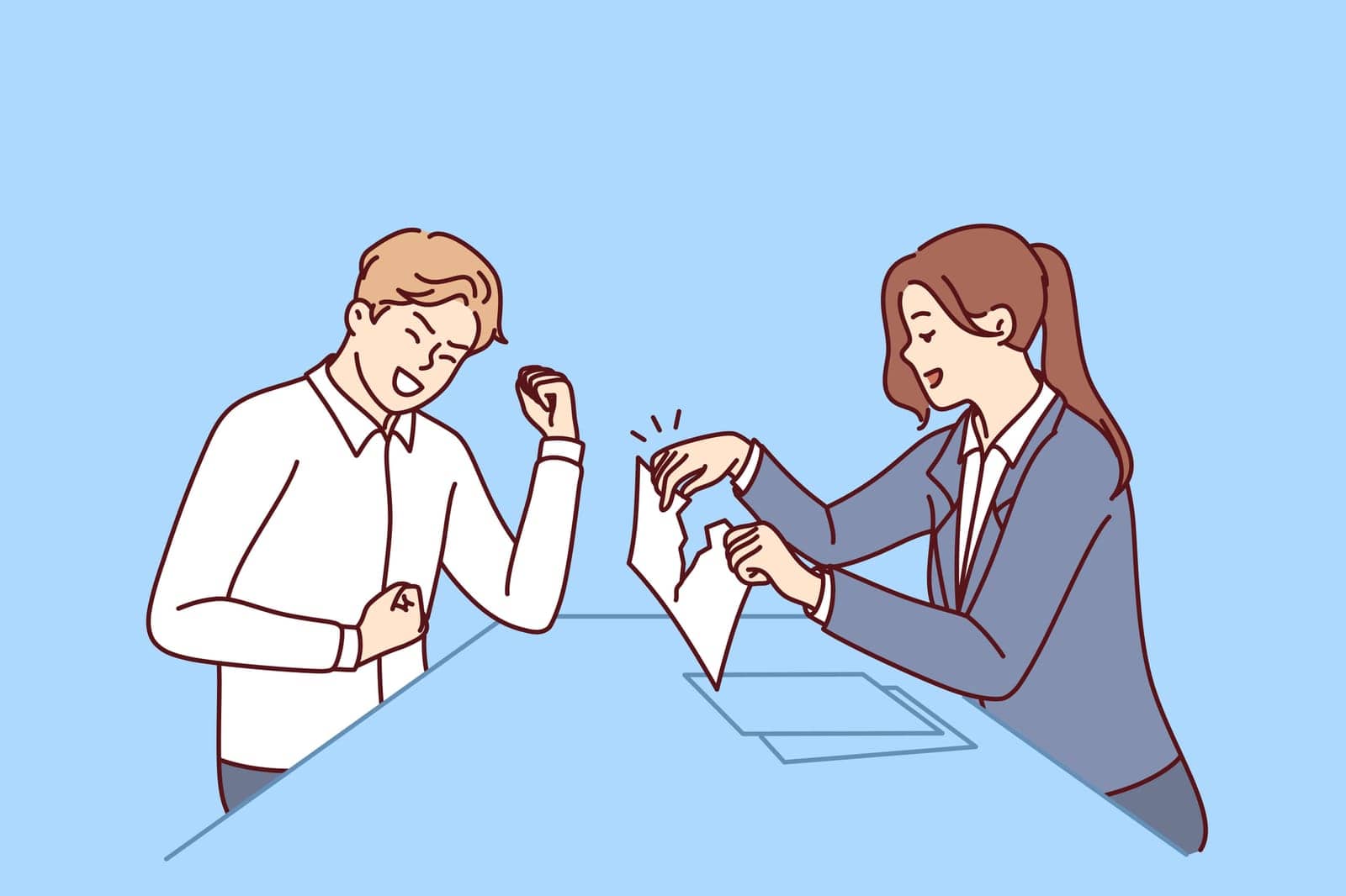 Man rejoices at completion contract, sitting near business woman tearing up agreement document. Happy guy finds out about termination business contract with employer and waves hands victoriously