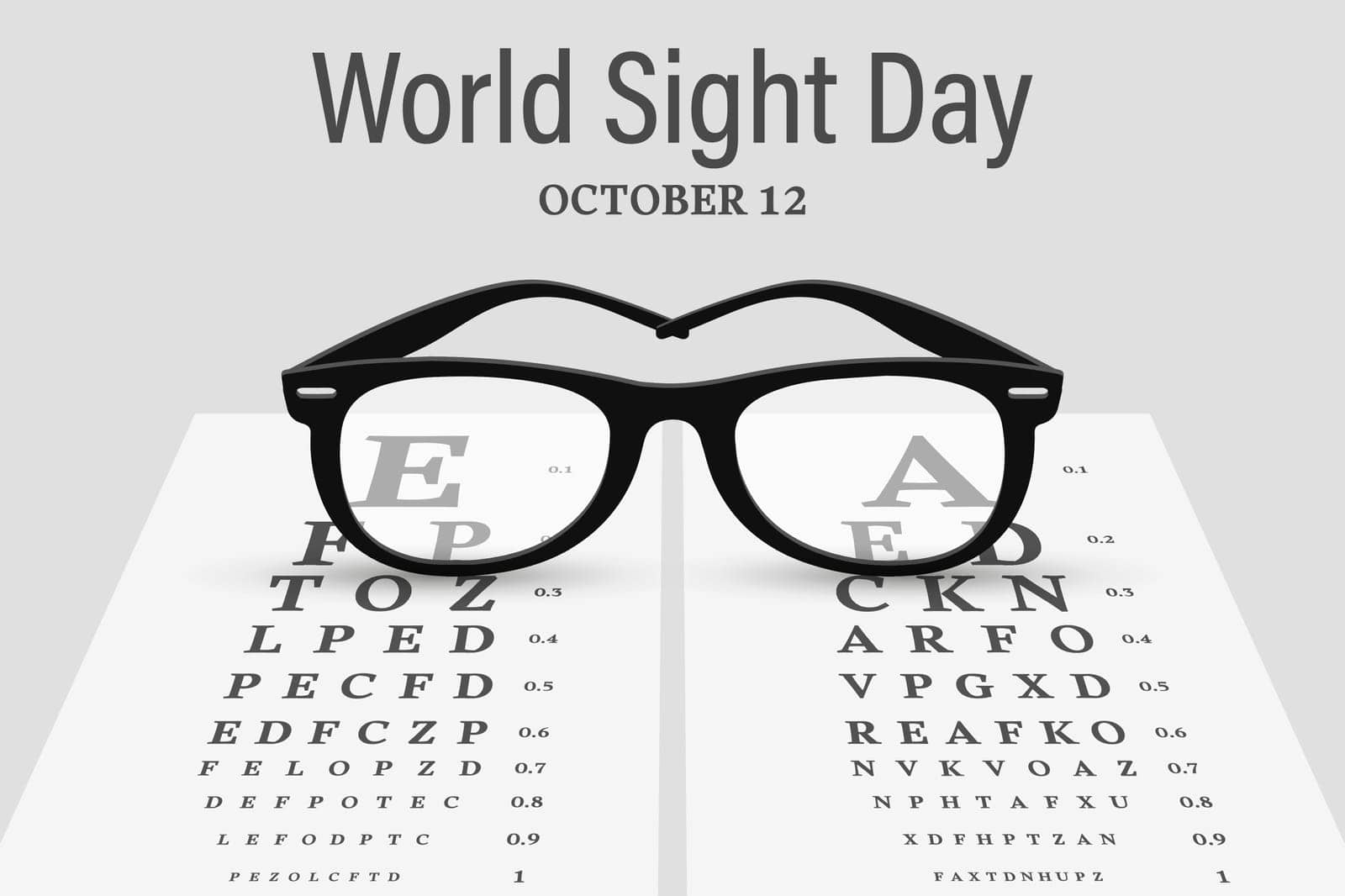 World Sight Day October 12th. Glasses against the background of a Snellen chart for testing visual acuity. Ophthalmology, healthcare and medicine. Illustration, banner, vector