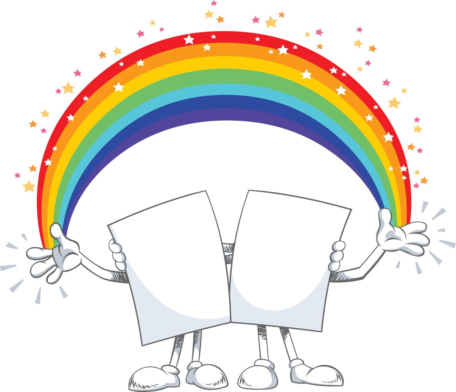 Color vector illustration of  Two Blank paper characters with a rainbow. Friendship and tolerance. Isolated on white background.