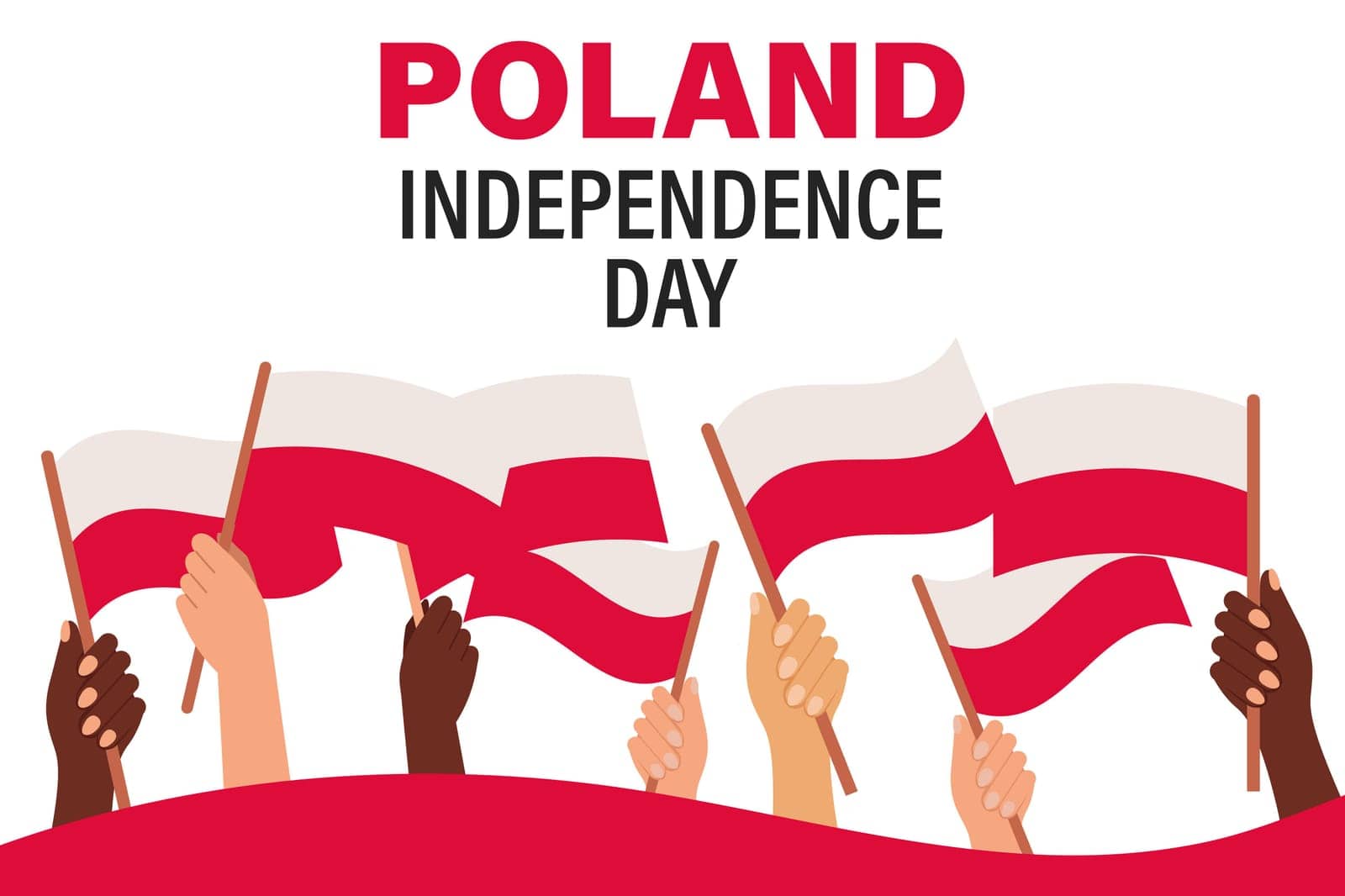 Polish Independence Day. Multiracial hands with Polish flags. Poland Independence Day banner. Illustration, poster, vector