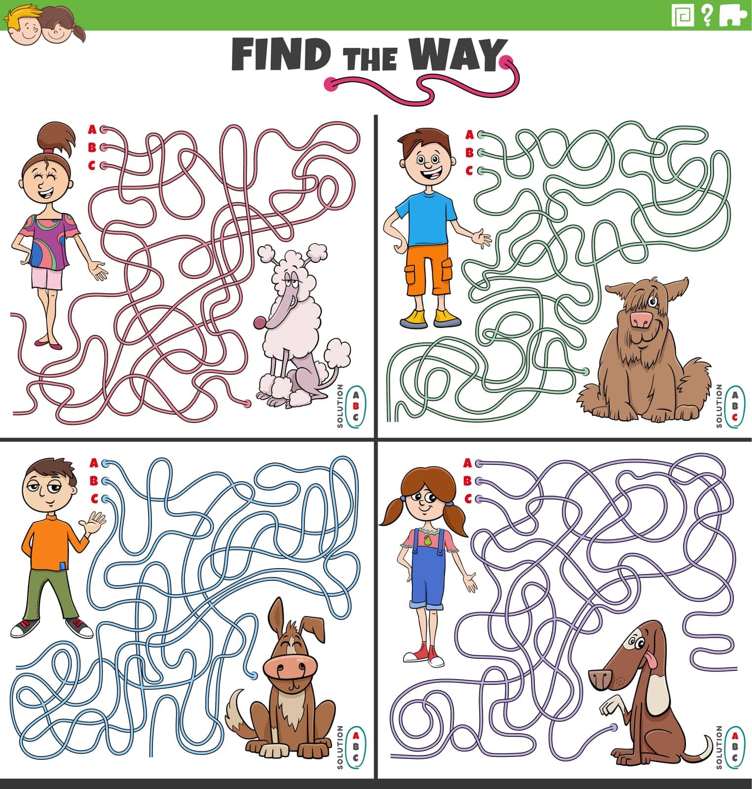 Cartoon illustration of find the way maze puzzle activities set with children or teens with their dogs