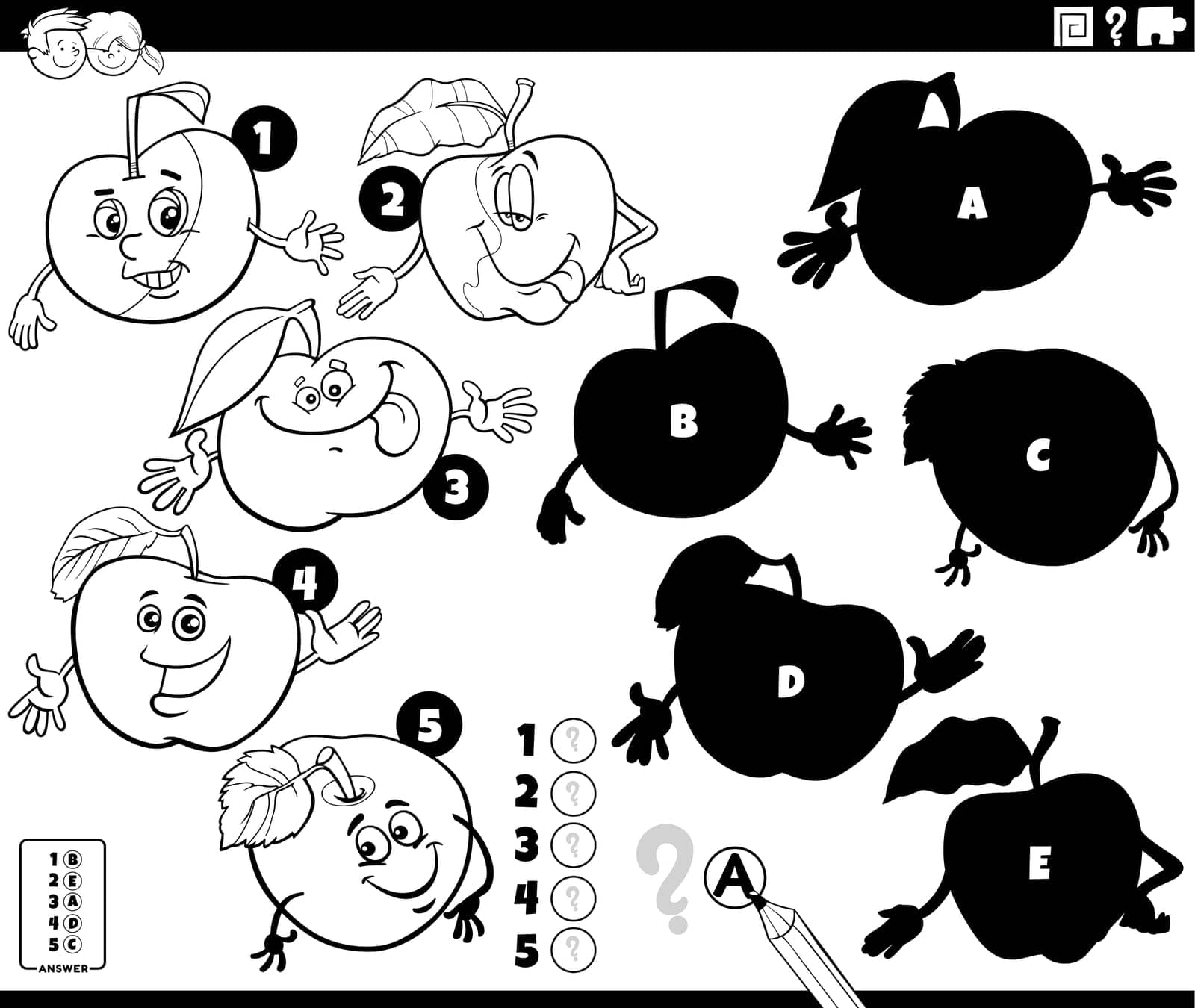 Black and white cartoon illustration of finding the right shadows to the pictures educational game with comic apple characters coloring page