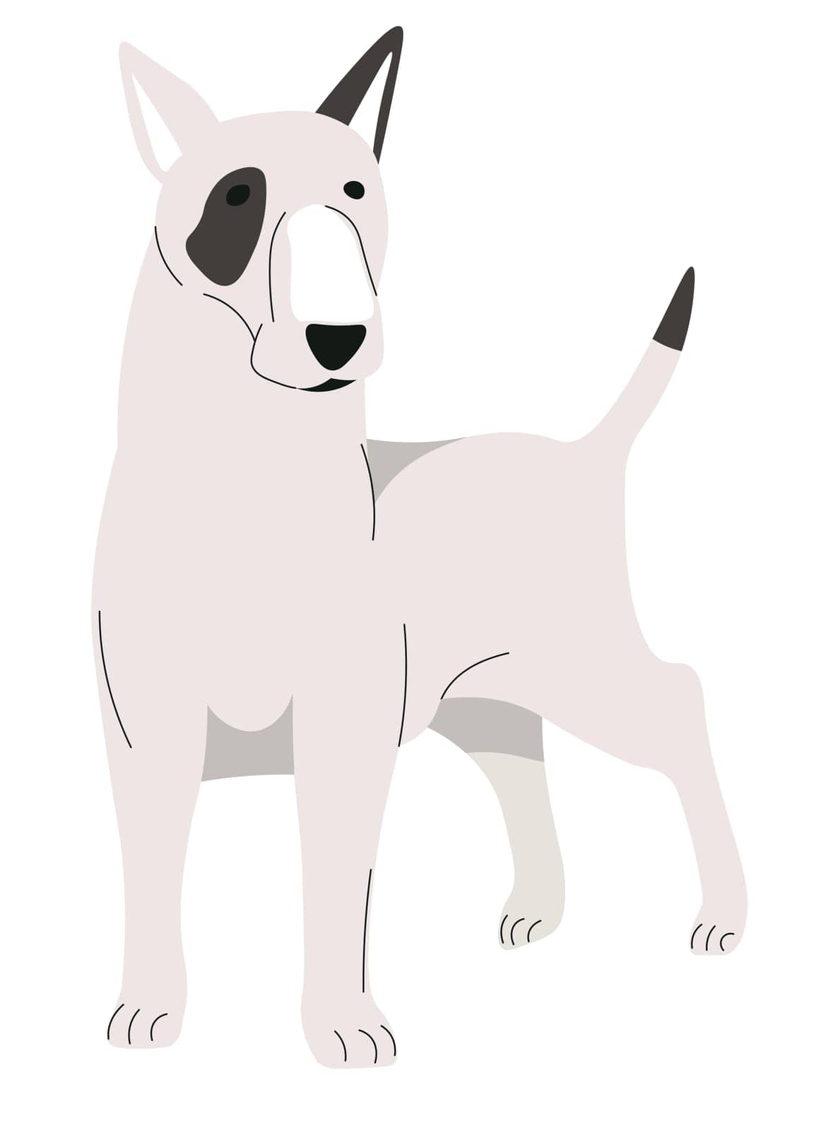 Canine animal, isolated portrait of bull terrier with a cute muzzle and strong muscular body structure. Dog or puppy, mammal purebred. Dangerous canine with short tasil. Vector in flat style