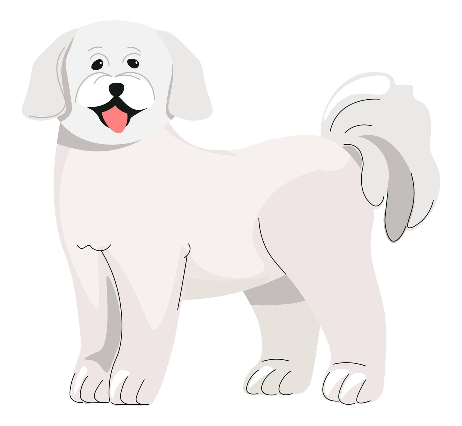 Canine animal with furry coat, isolated poodle puppy wagging tail having a playful mood. Small doggy portrait, friend miniature dog with cute muzzle. Pure breed of a lapdog. Vector in flat style