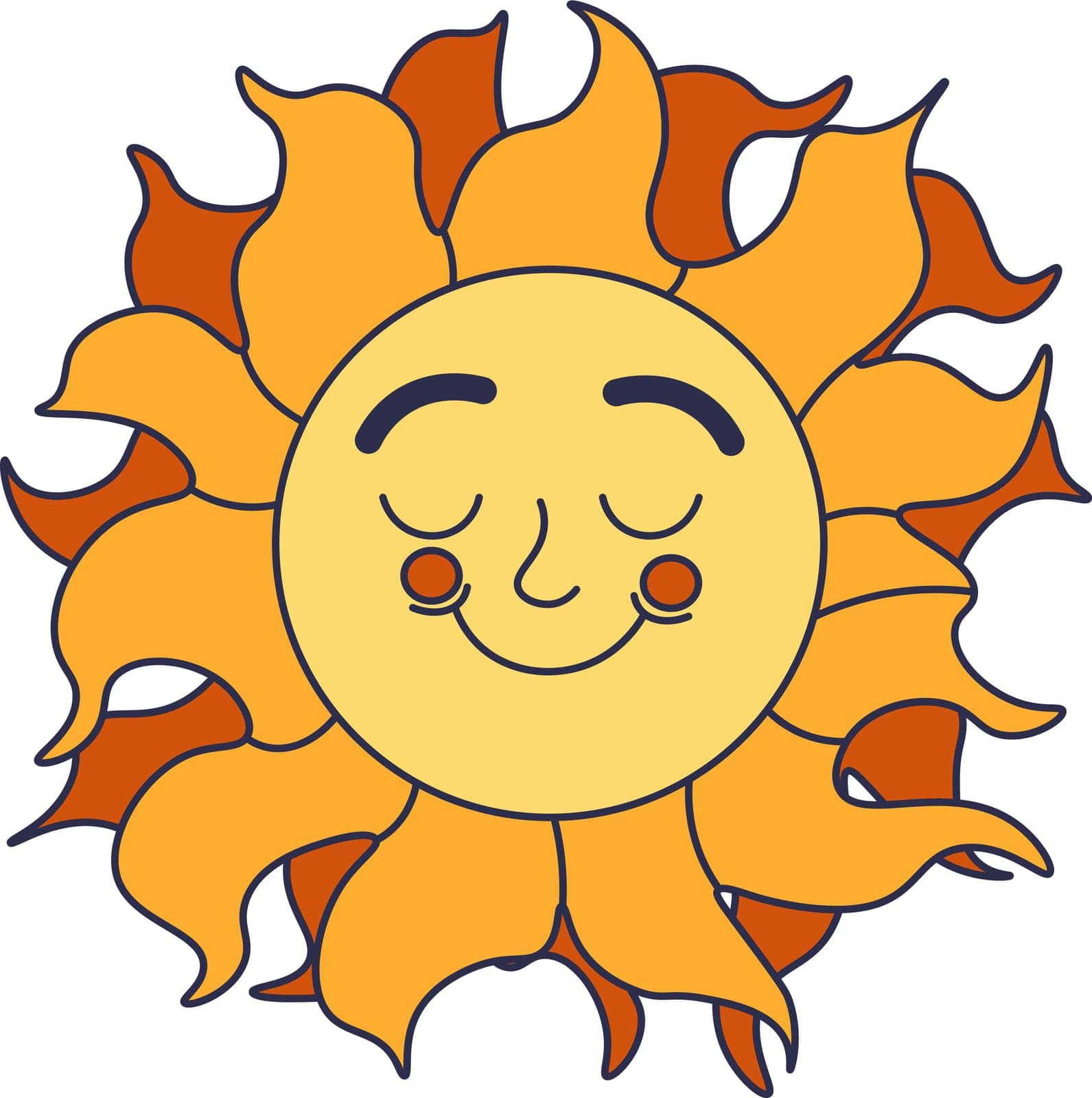 Peaceful and calm sun character, isolated sunny personage with closed eyes. Hippie culture, decoration or weather occurrence. Bright personality icon. Sticker or emoticon, vector in flat style