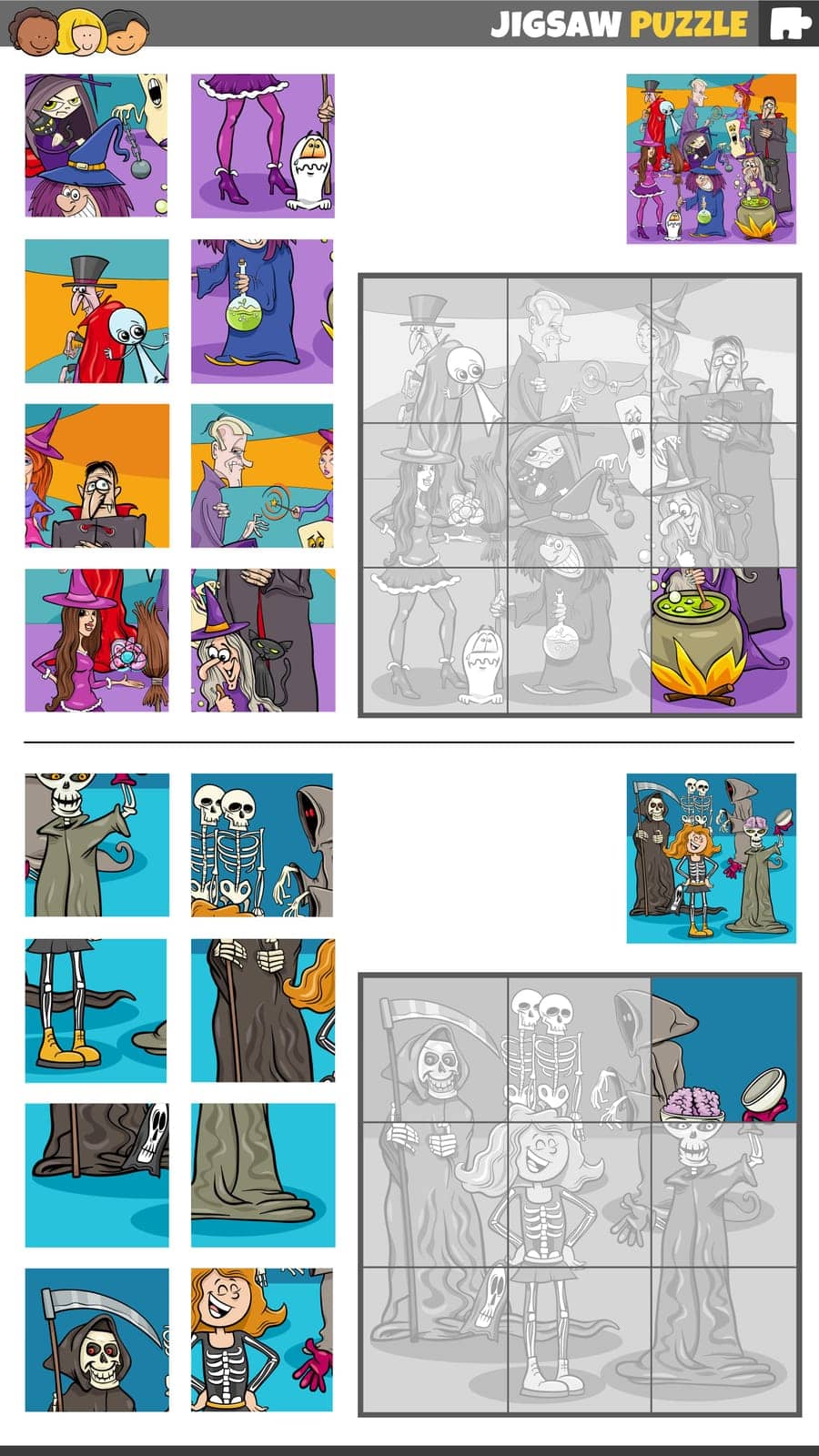 Cartoon illustration of educational jigsaw puzzle activities set with fantasy characters